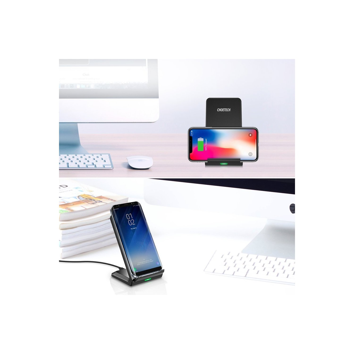 Ein kabelloses Ladegerät mit einem Telefon darauf. Ein zweites Bild zeigt ein drahtloses Aufladen des Telefons.