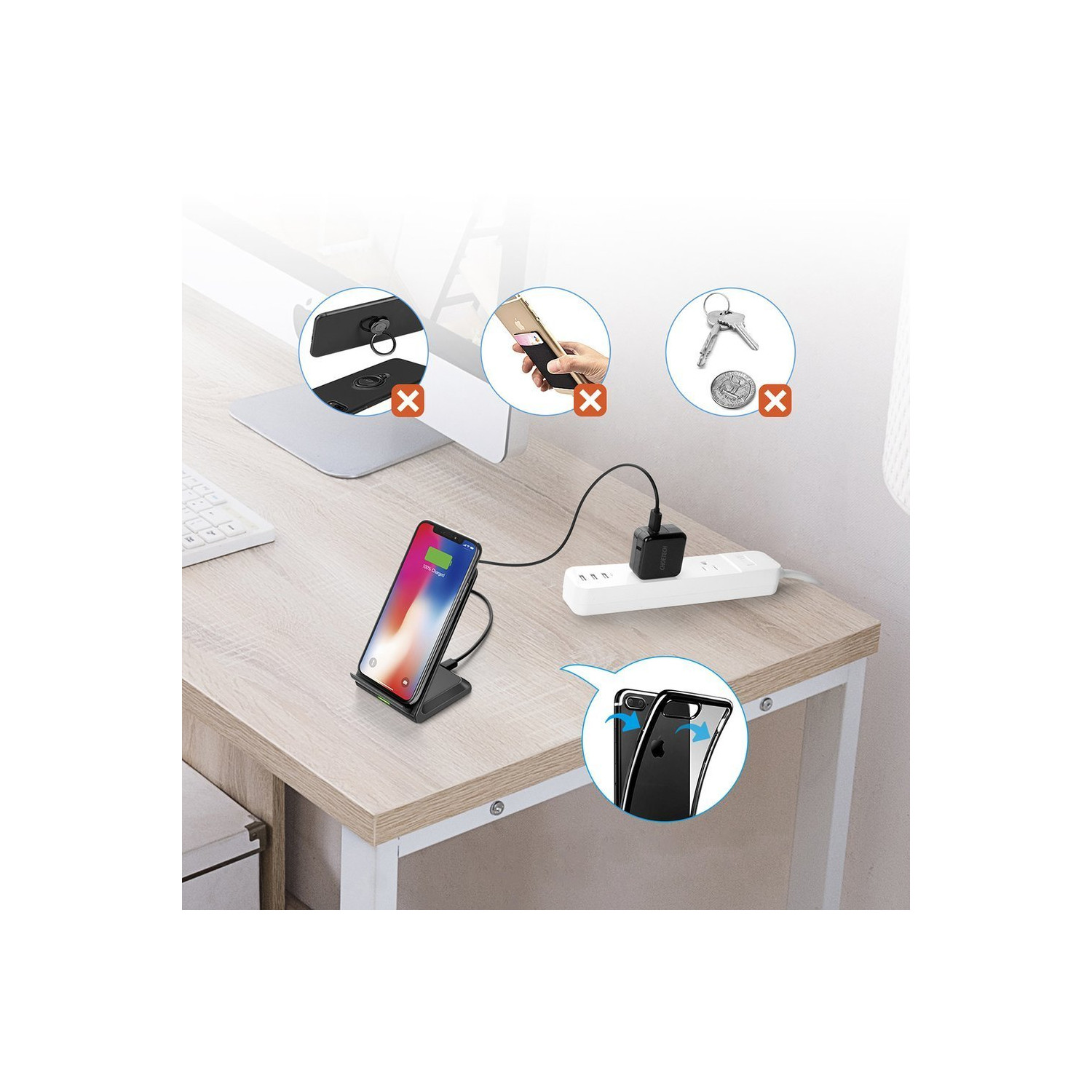 Ein Schreibtisch-Setup zeigt ein ladendes Telefon, mit anderen Gegenständen wie Schlüsseln und Ringlicht, gekennzeichnet mit X.