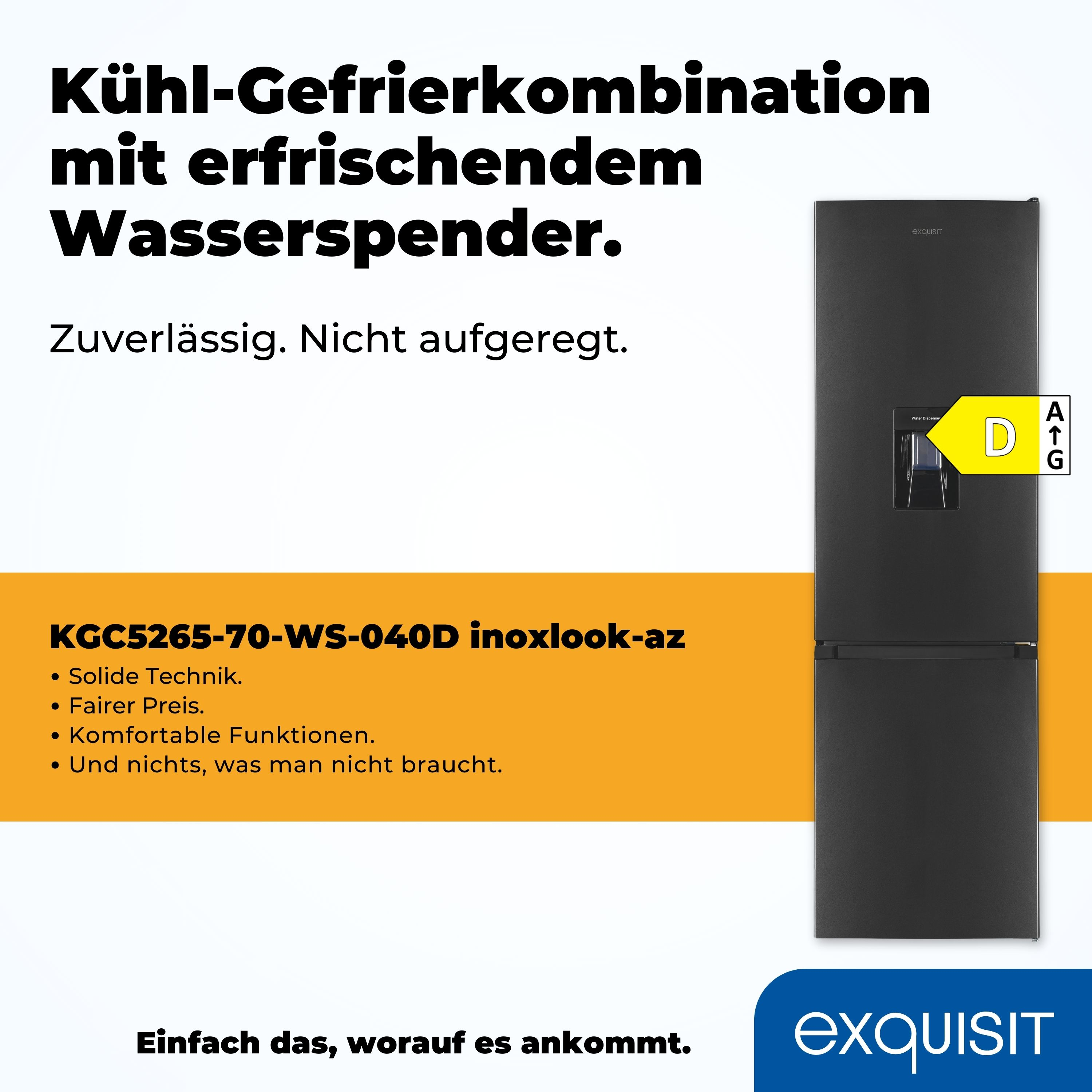 Schwarzer Kühlschrank mit Wasserspender. Text bewirbt die Eigenschaften und Energieeffizienz.