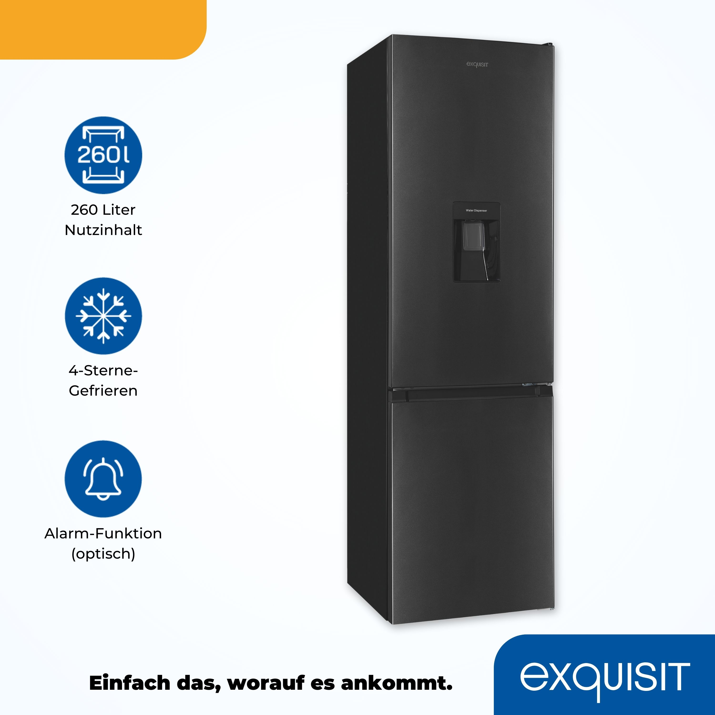 Ein schwarzer Kühlschrank mit Wasserspender und Symbolen.