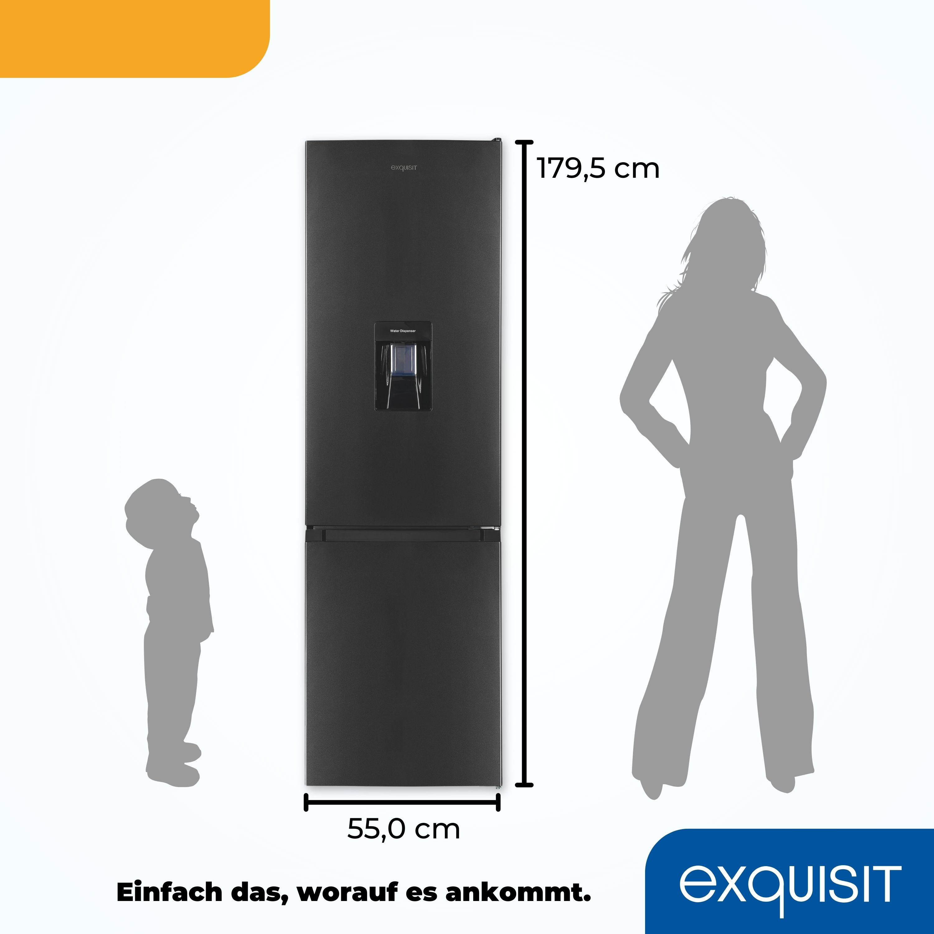 Schwarzer Kühlschrank mit Person und Kind, die den Größenvergleich zeigen. Weißer Hintergrund.