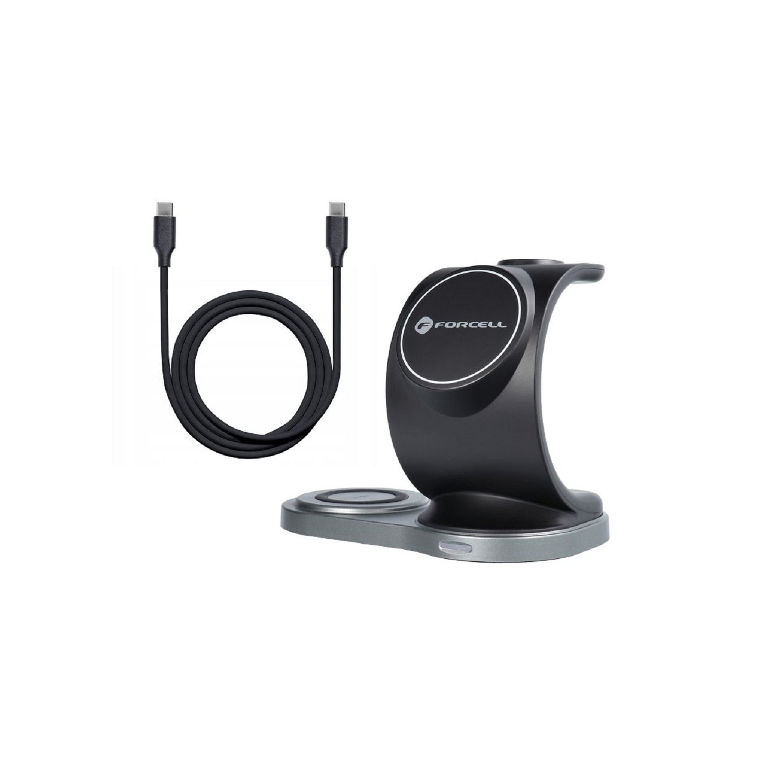 Schwarz-graues kabelloses Ladegerät mit Kabel und Telefon.