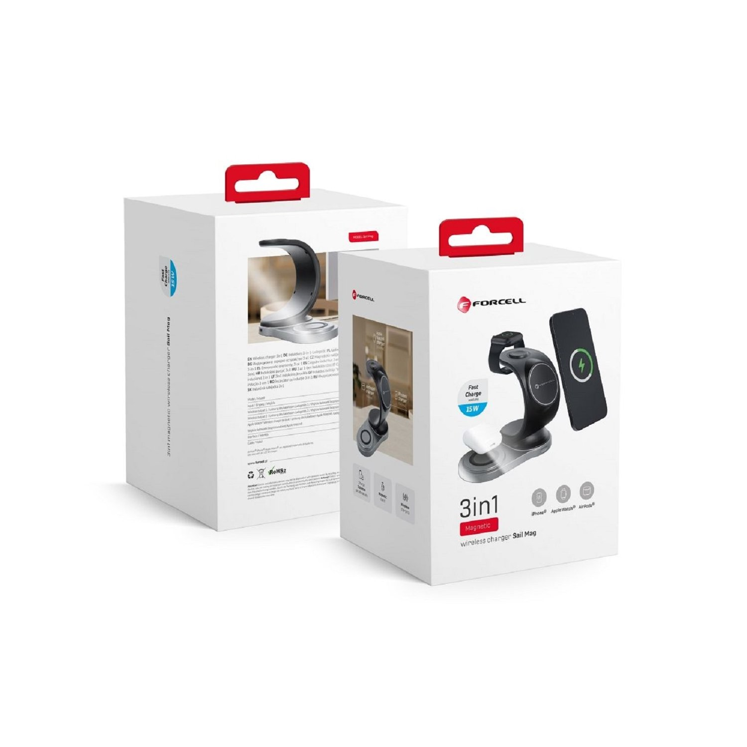 Zwei weiße Boxen mit einem 3-in-1-Wireless-Ladegerät, eine offen.