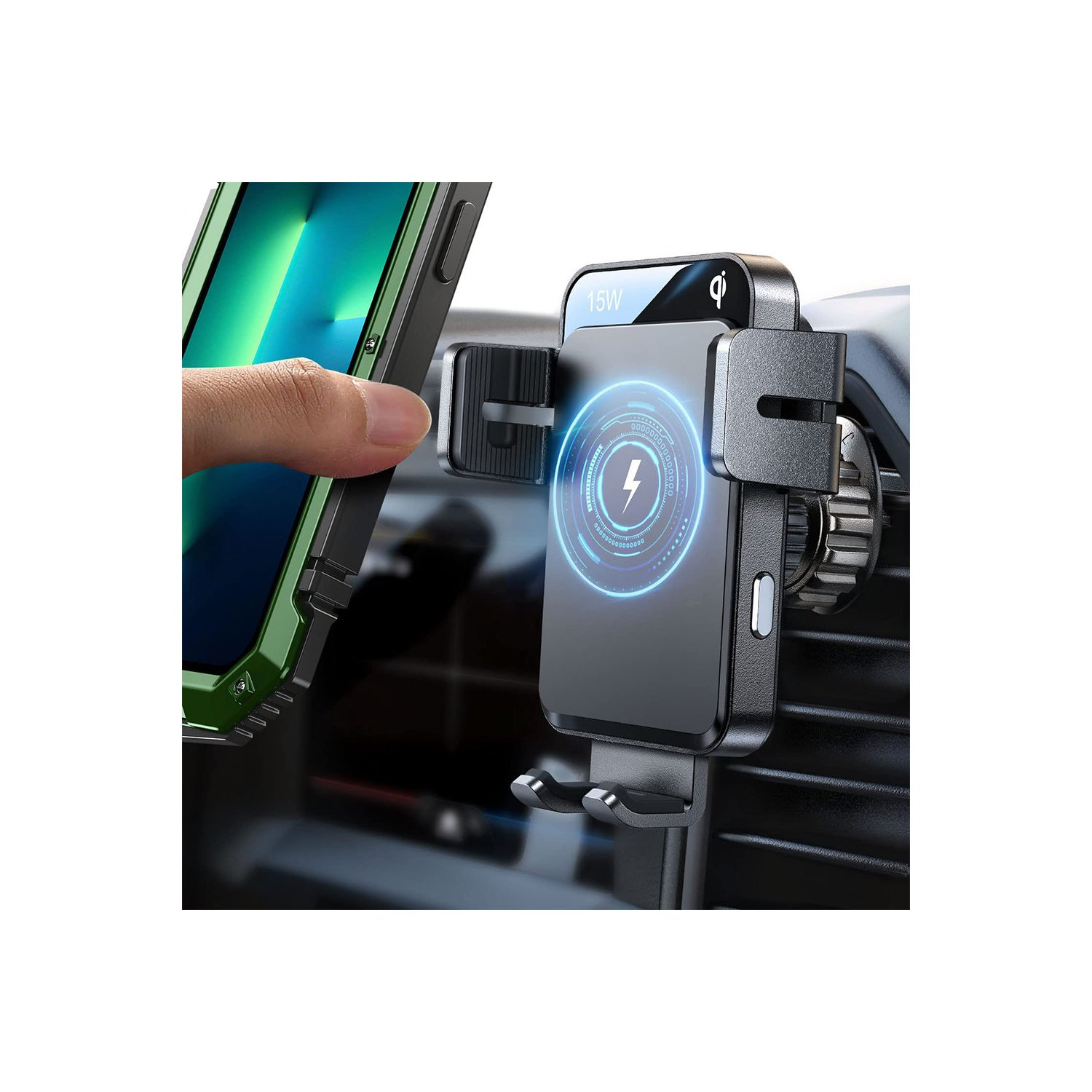 Telefon in einer Halterung im Auto. Lüftung, Ladegerät und Hand sichtbar. Grau und Schwarz.