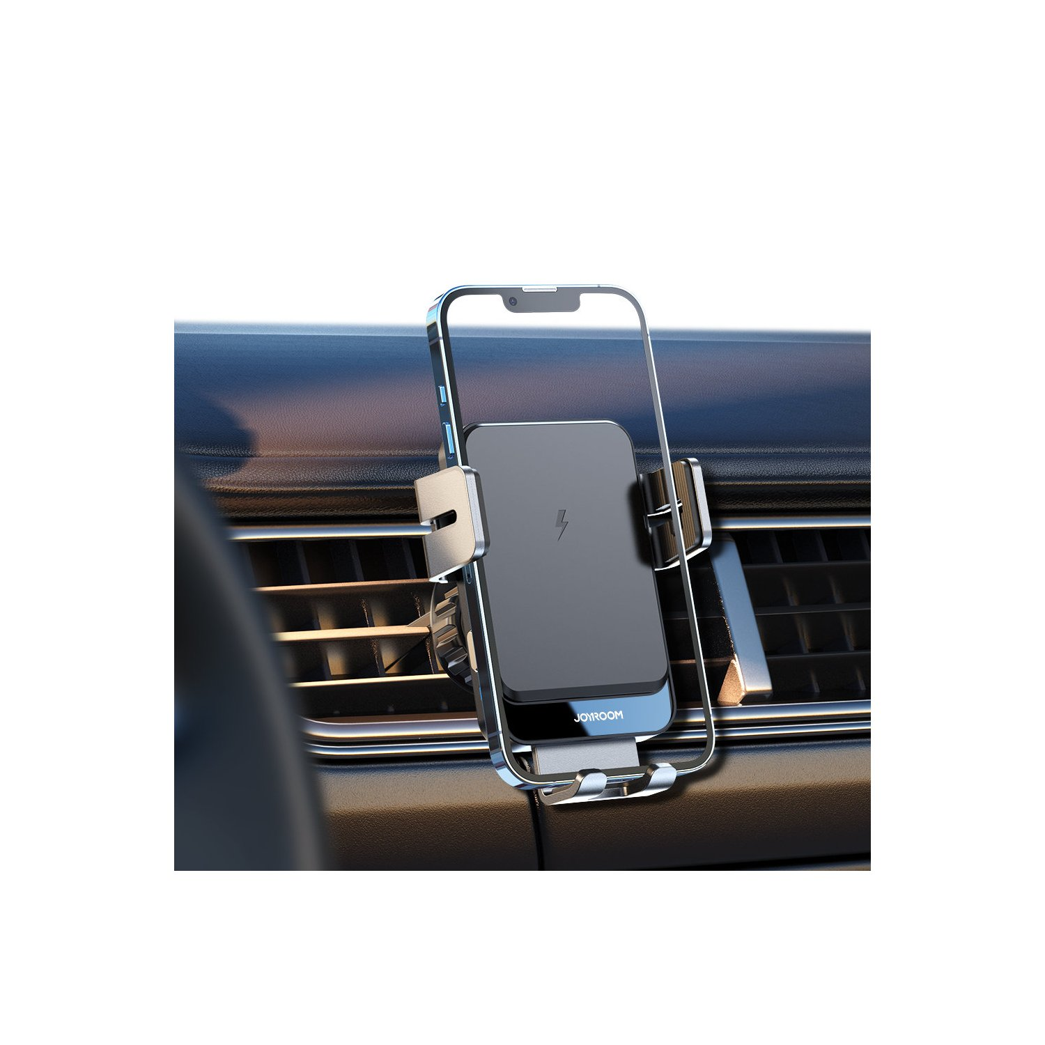 Ein Telefon an einer Lüftung im Auto, das ein Ladesymbol anzeigt. Der Innenraum ist sichtbar.