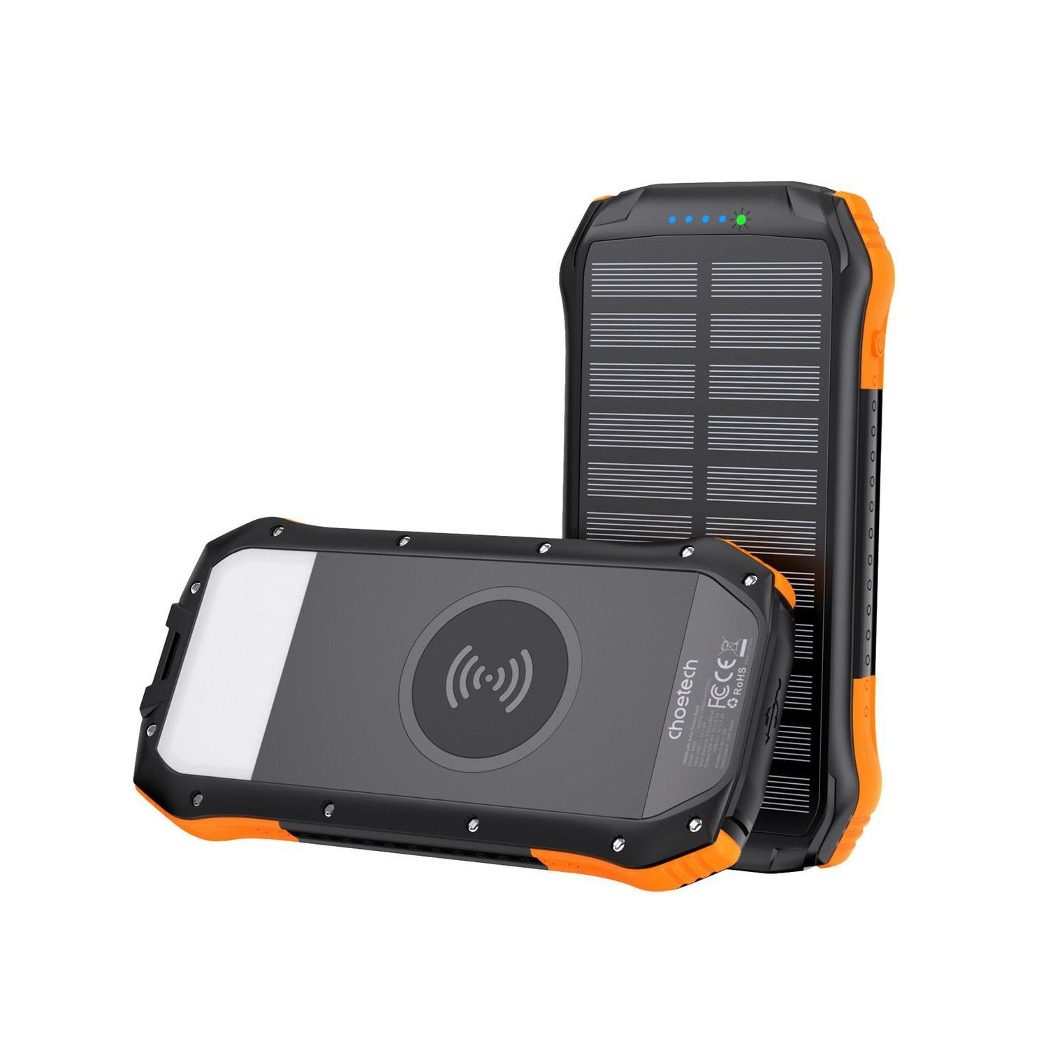 Schwarze und orangefarbene Solar-Powerbank. Eine offen, eine gefaltet. Details auf der Oberfläche.