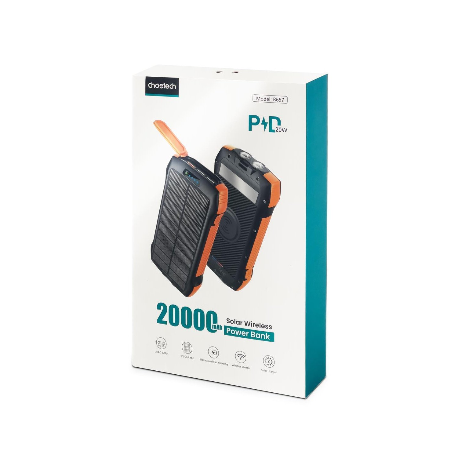 Solar Wireless Powerbank in einer Box mit orangenen Akzenten.
