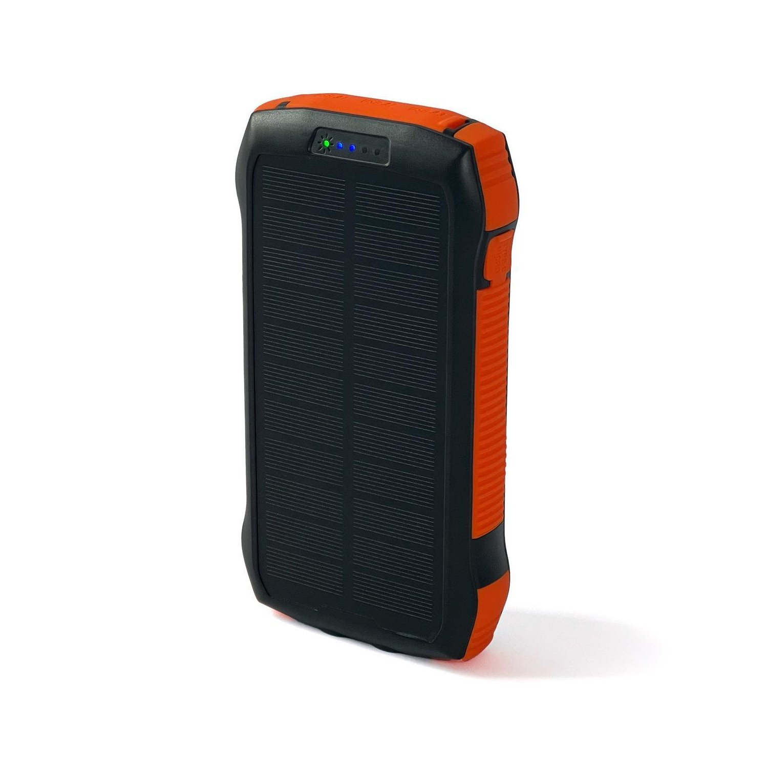 Orange und schwarze Solar-Powerbank mit schwarzem Solarpanel und LED-Leuchten.