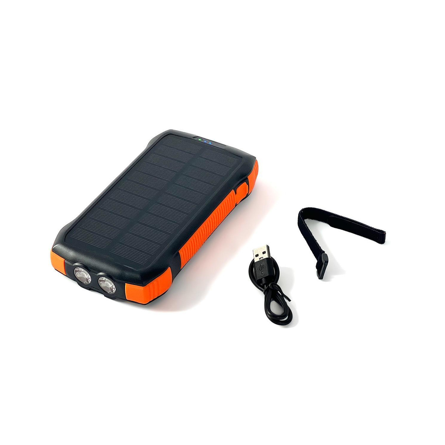 Ein schwarzes und oranges Solar-Ladegerät mit USB-Kabel und Riemen.