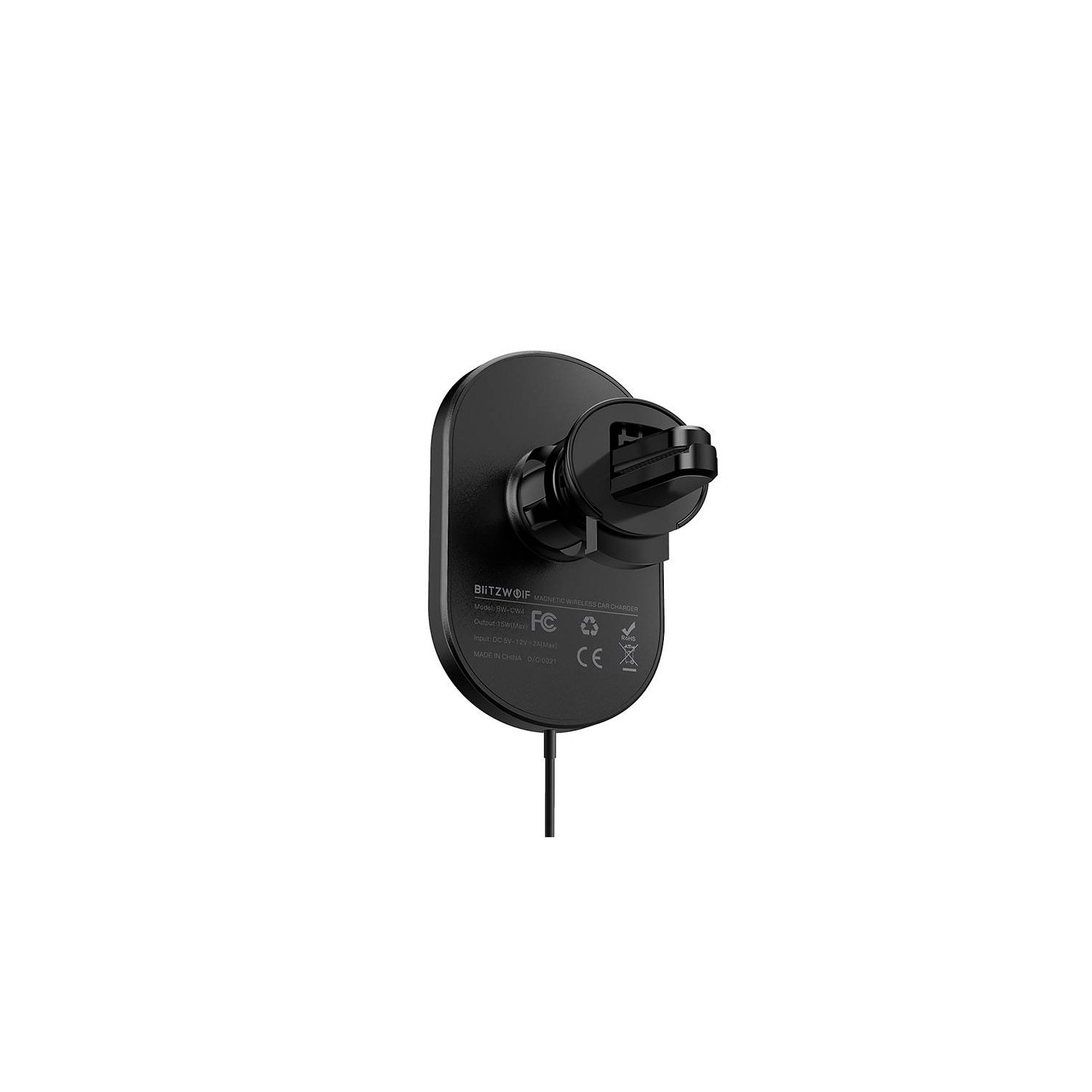 Eine schwarze Autohalterung mit Ladekopf und angeschlossenem Kabel, auf weißem Hintergrund.