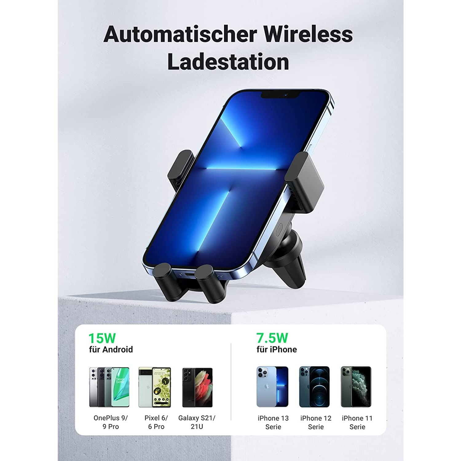 Draadloze oplader met telefoon in houder. Toont telefoonmodellen en oplaadsnelheden.