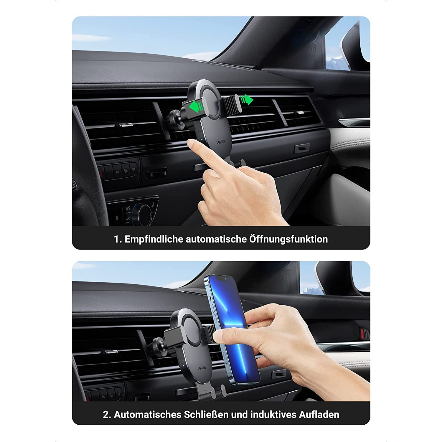 Telefoonhouder in auto. Hand plaatst telefoon, sluit automatisch.