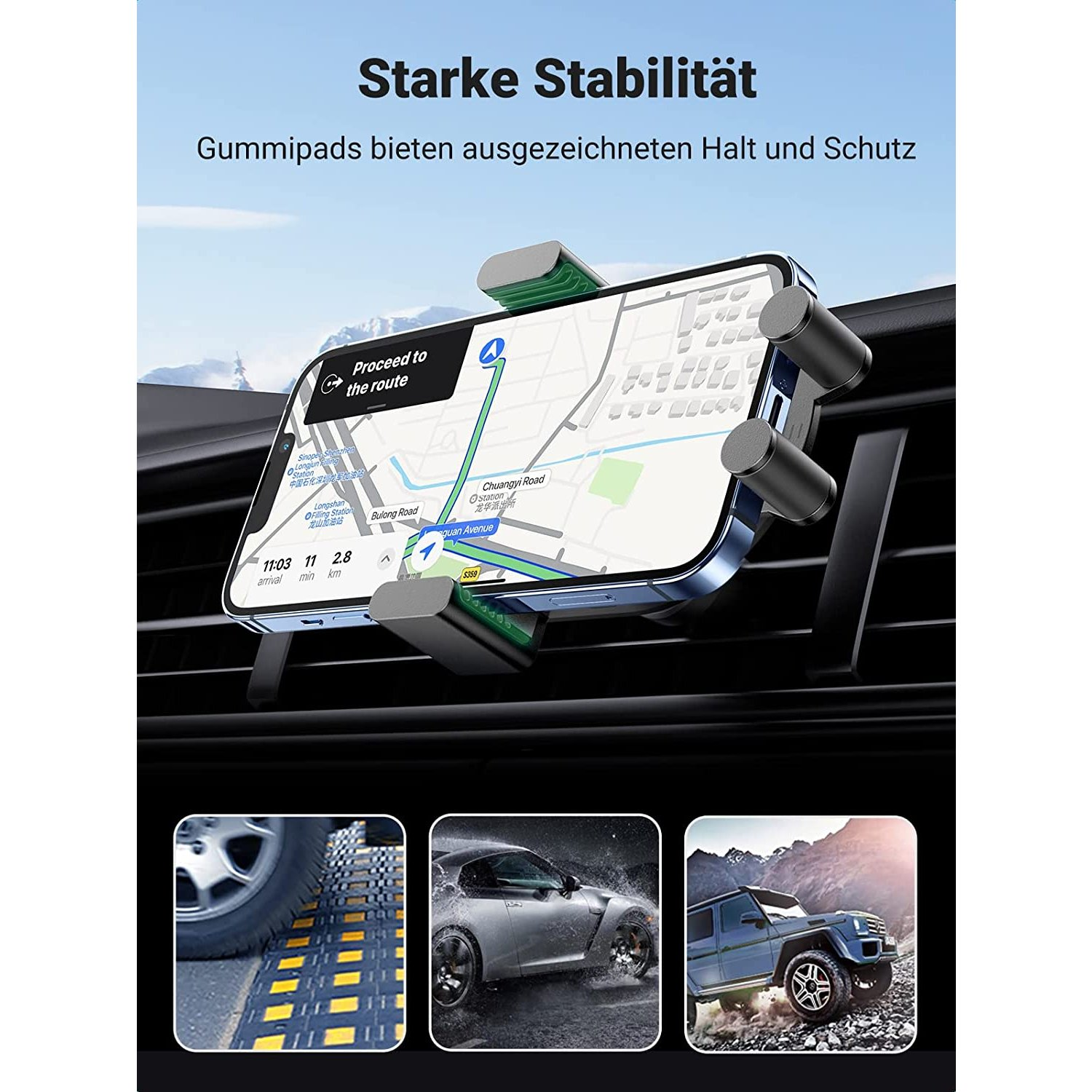 Telefoonhouder voor in de auto met een telefoon die een navigatiekaart weergeeft, met weg- en autoafbeeldingen eronder.