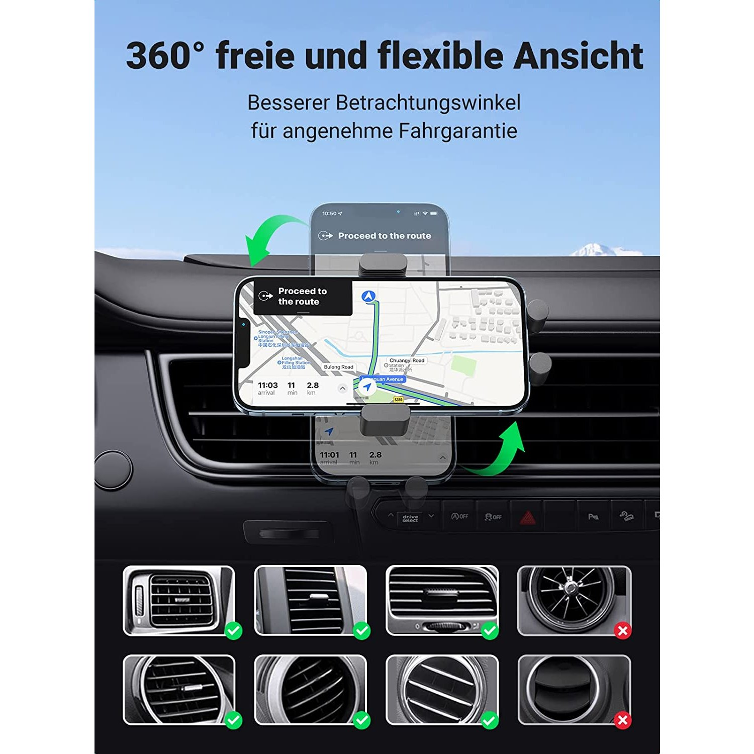 Telefoonhouder voor in de auto met een telefoon die een navigatie-app toont, met ventilatieopeningen zichtbaar.