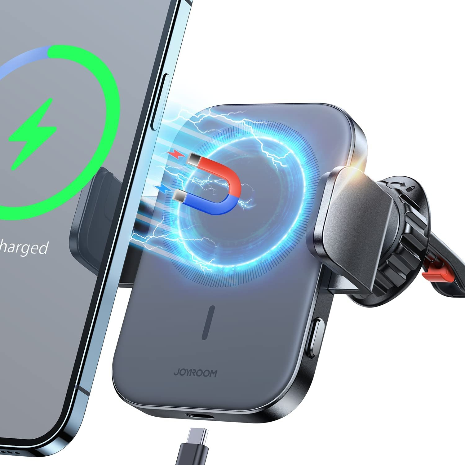 Kabelloses Telefonladegerät mit Telefon und Magnetgrafik, die Elektrizität zeigt.