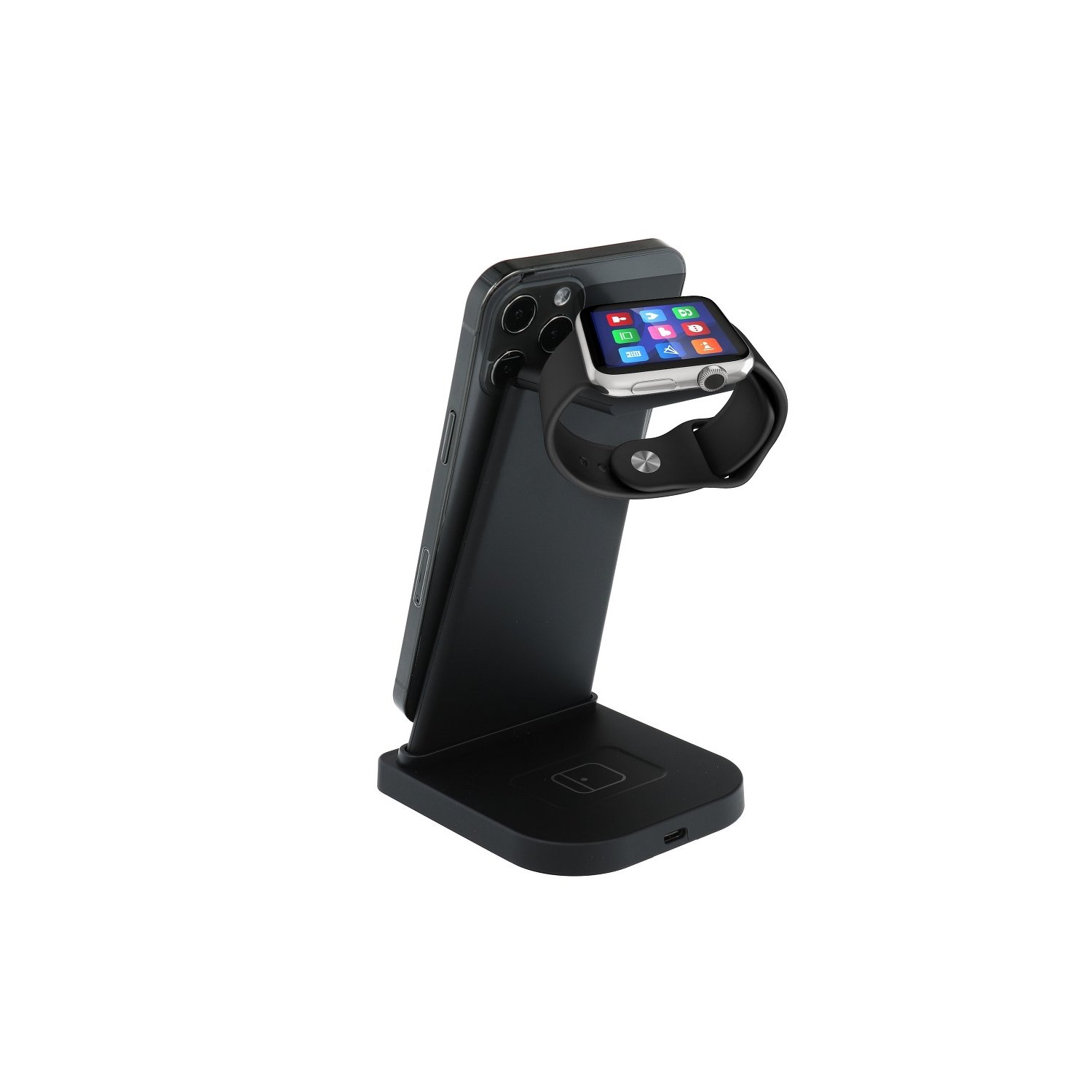 Schwarze Ladestation mit Telefon und Smartwatch. Die Smartwatch zeigt Symbole auf dem Bildschirm.