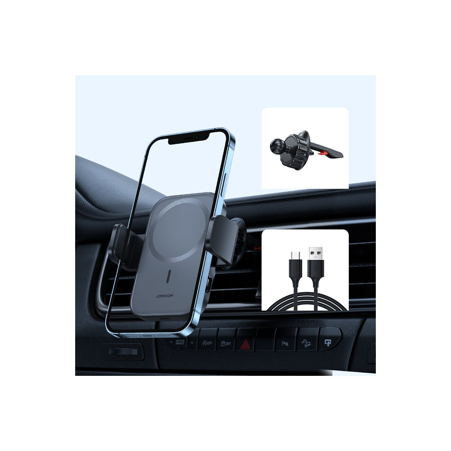 Kfz-Telefonhalterung mit Telefon und Ladekabel, im Auto montiert.