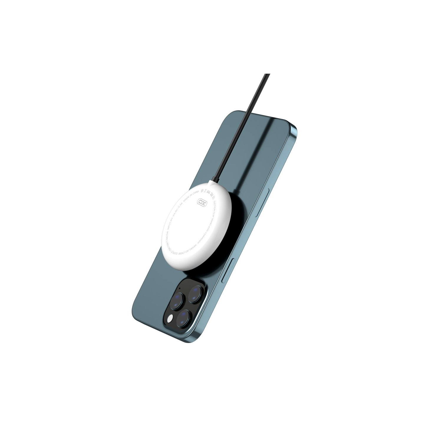 Blaues Telefon mit einem weißen Ladepad und einem schwarzen Kabel.