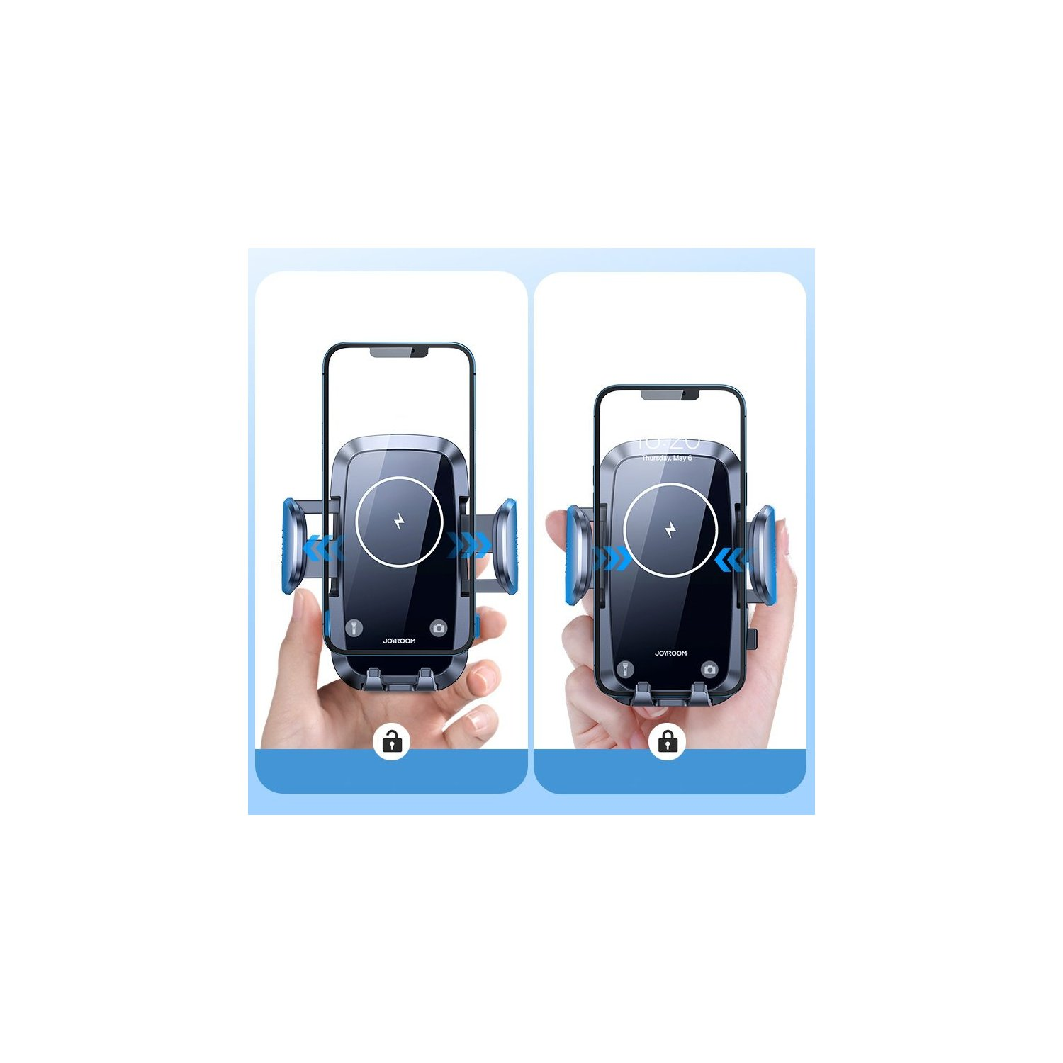 KFZ-Telefonhalterung, zeigt das eingeklemmte und gelöste Telefon, mit Pfeilen, die die Verwendung anzeigen.