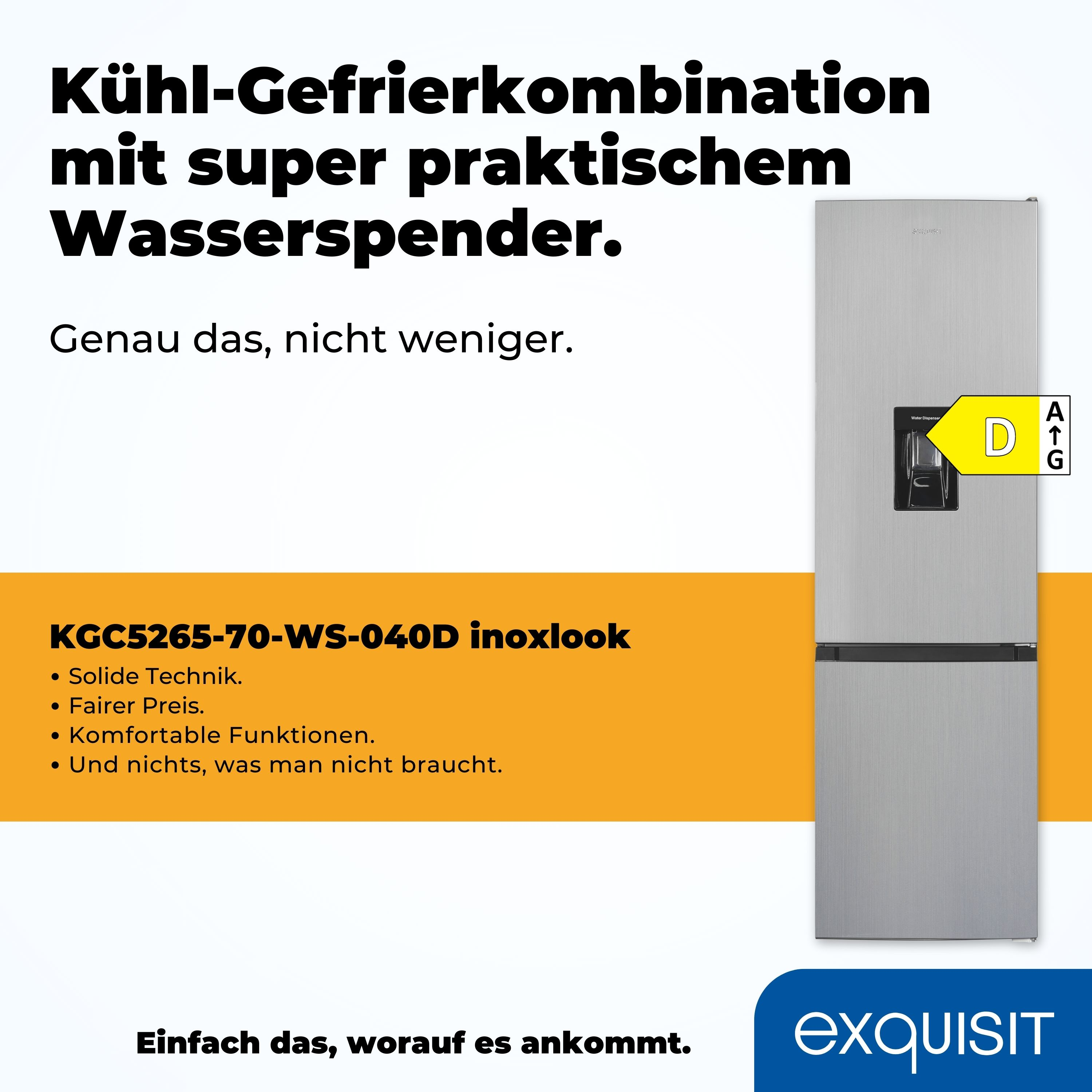 Silberner Kühlschrank mit Wasserspender. Text und ein Energielabel. Weißer Hintergrund.