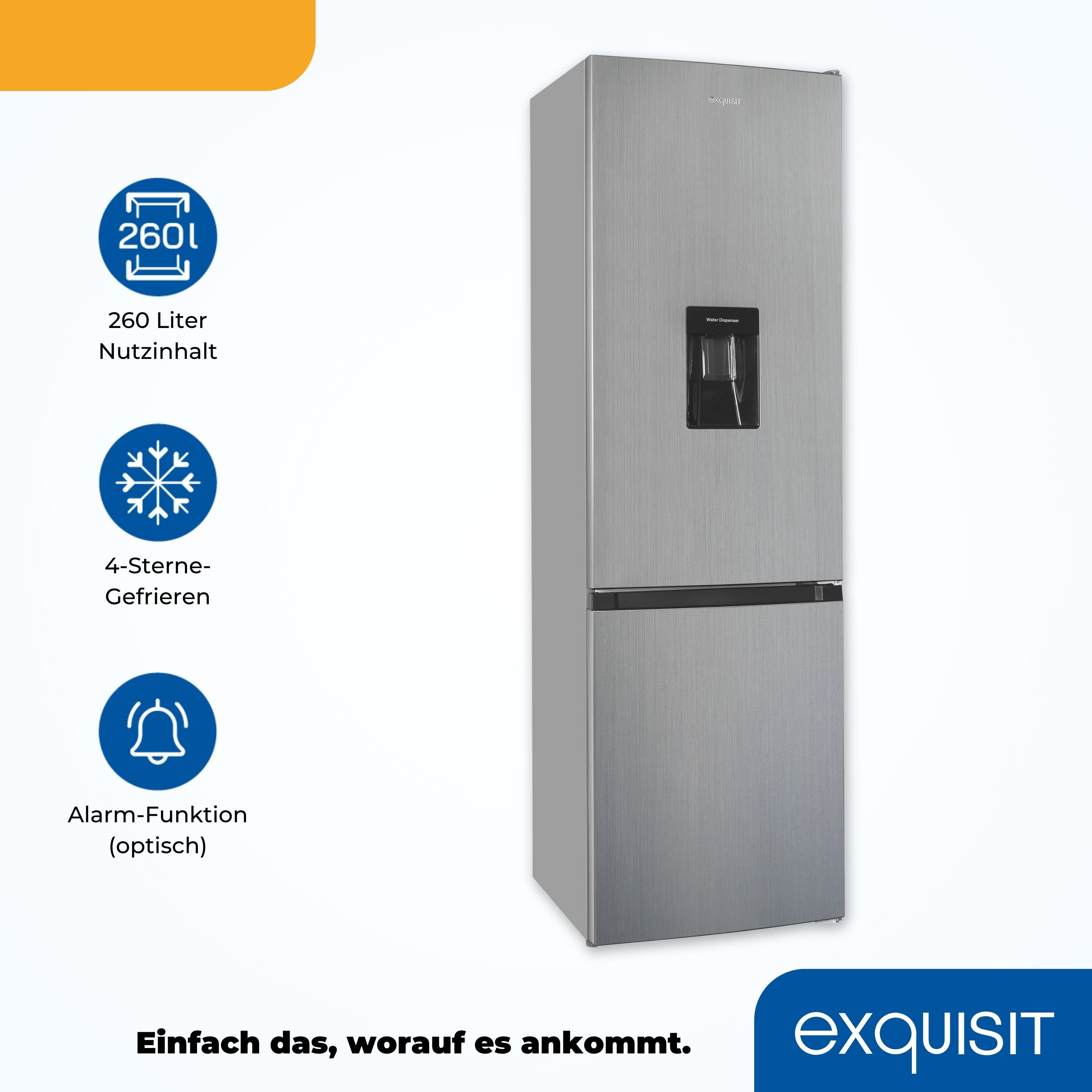 Silberner Kühlschrank mit vier Symbolen: 260L, Schneeflocke, Alarm. Text: 260 Liter Nutzinhalt, 4-Sterne-Gefrieren, Alarm.