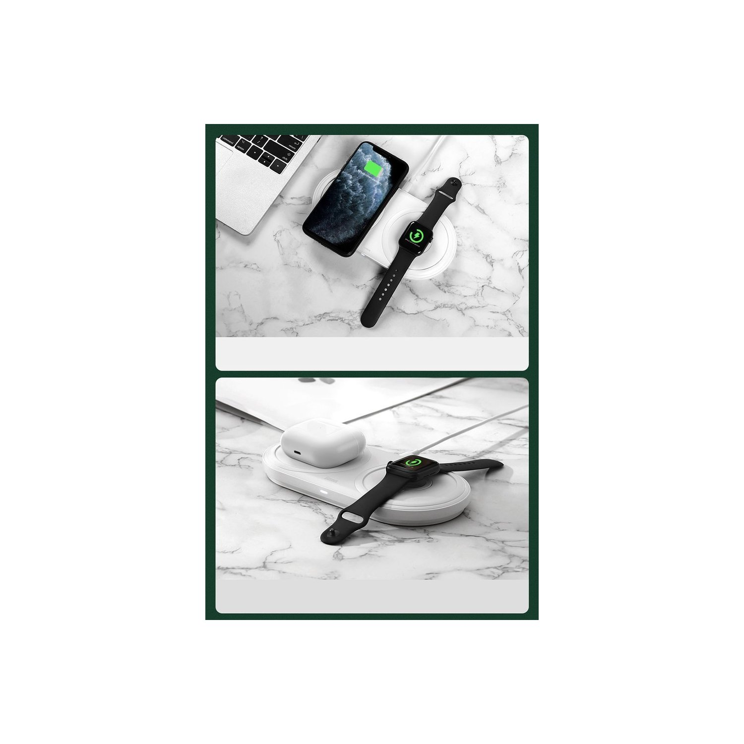 Weiße Oberfläche mit Ladegeräten: Telefon, Apple Watch und AirPods laden gleichzeitig.