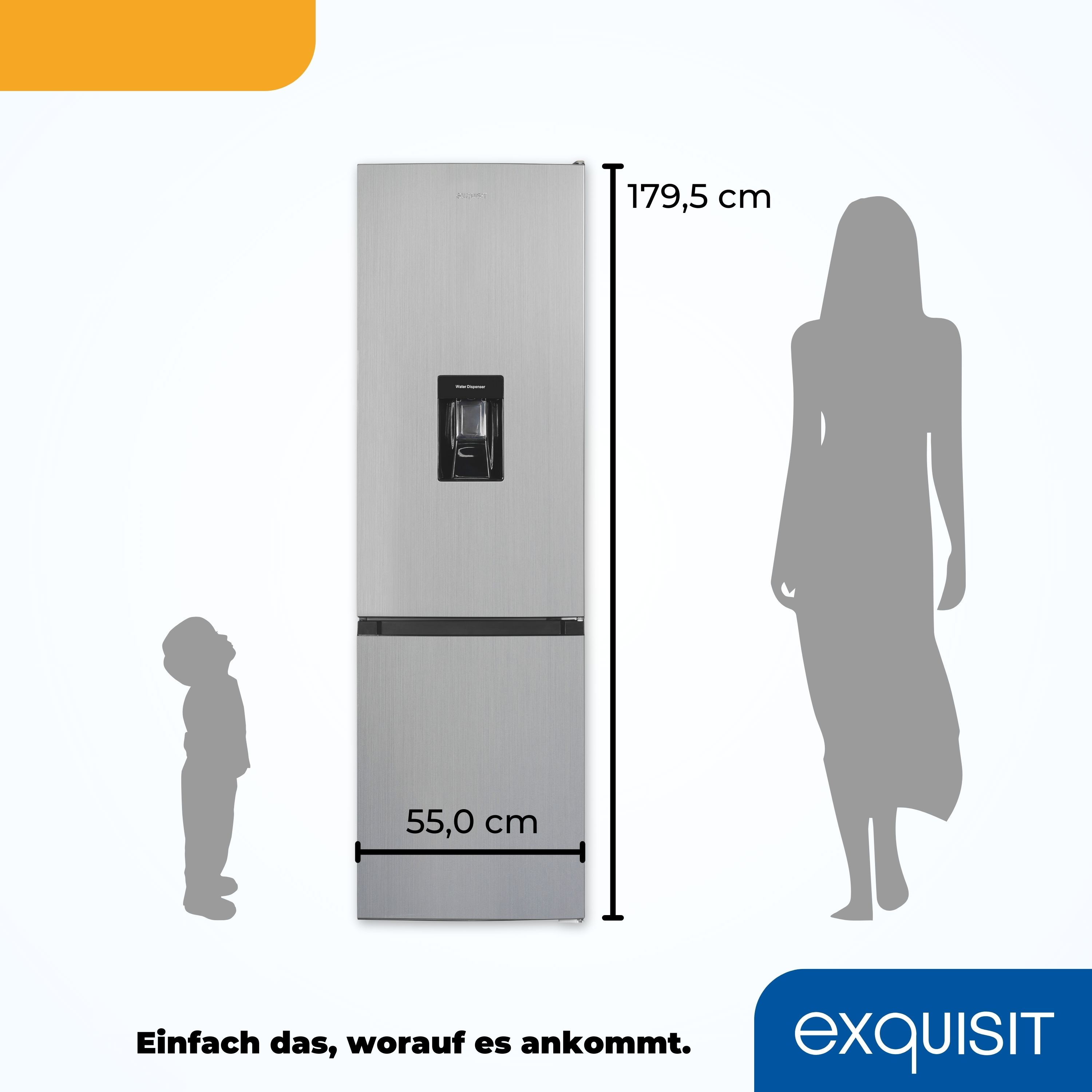 Silberner Kühlschrank mit Maßen und Silhouetten, misst 55,0 cm x 179,5 cm.