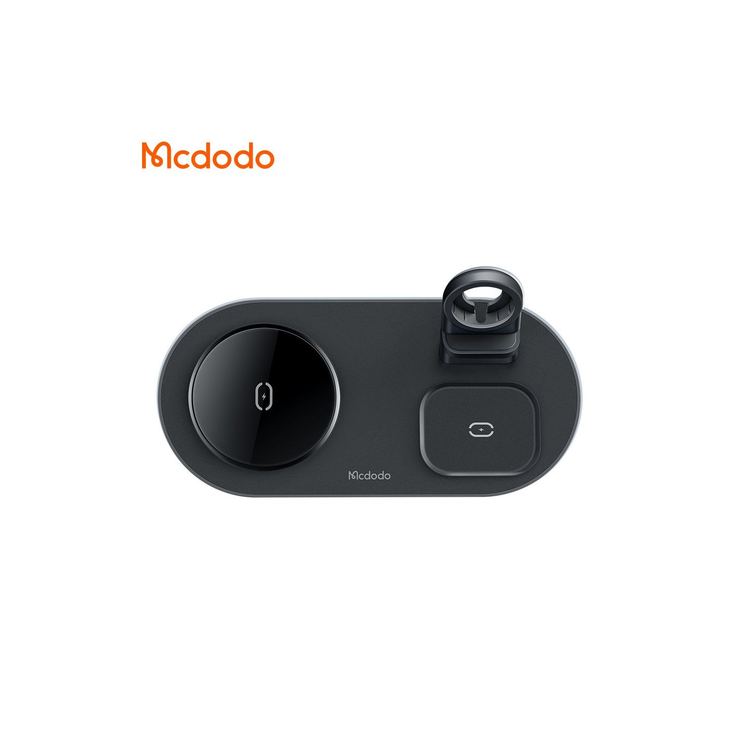 Schwarze Ladestation mit kabellosem Ladepad und Uhrenhalter.  Mit dem 'Mcdodo'-Logo.