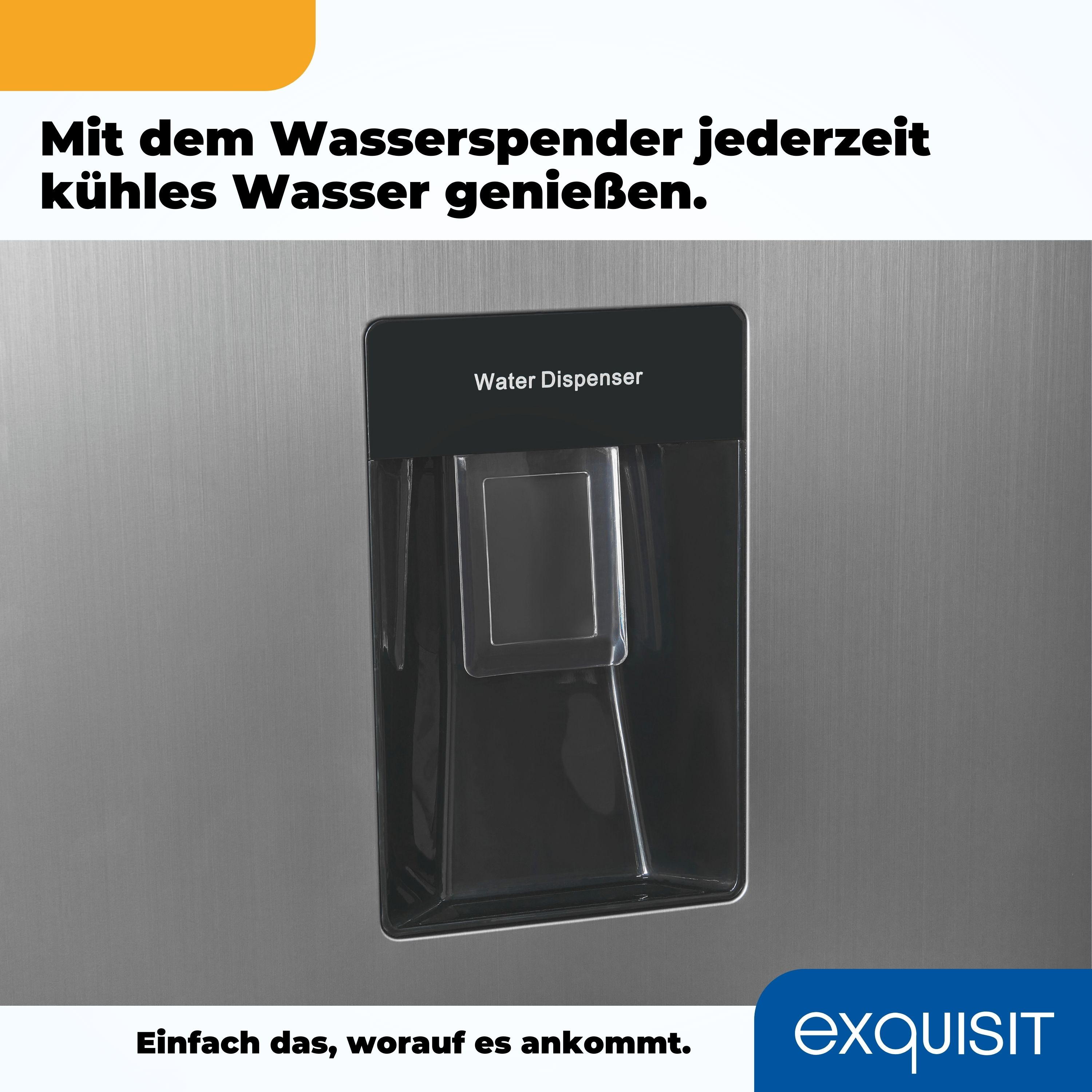 Kühlschrank aus Edelstahl mit Wasserspender. Der Text lautet 'Wasserspender'.