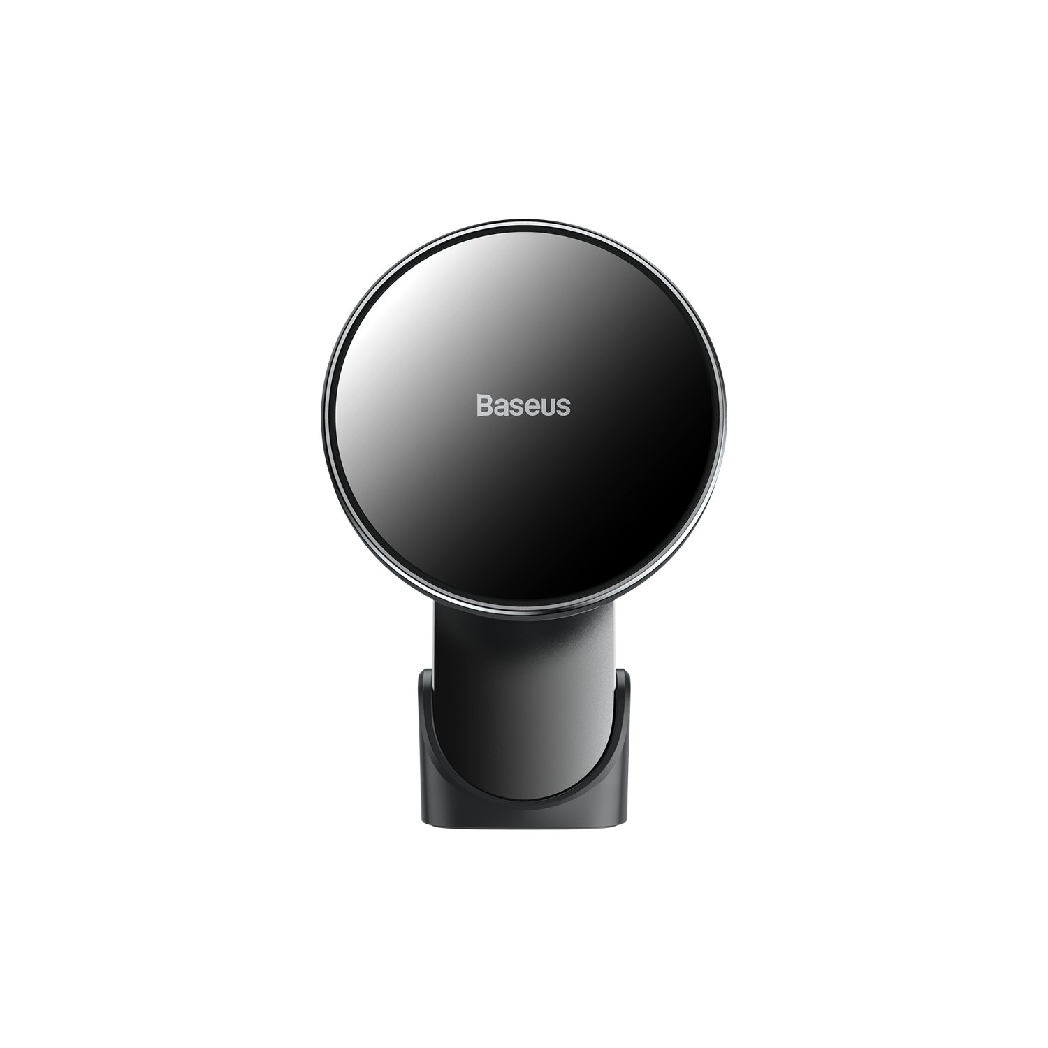 Zwarte Baseus telefoonhouder voor auto met ronde magnetische kop, geïsoleerd.
