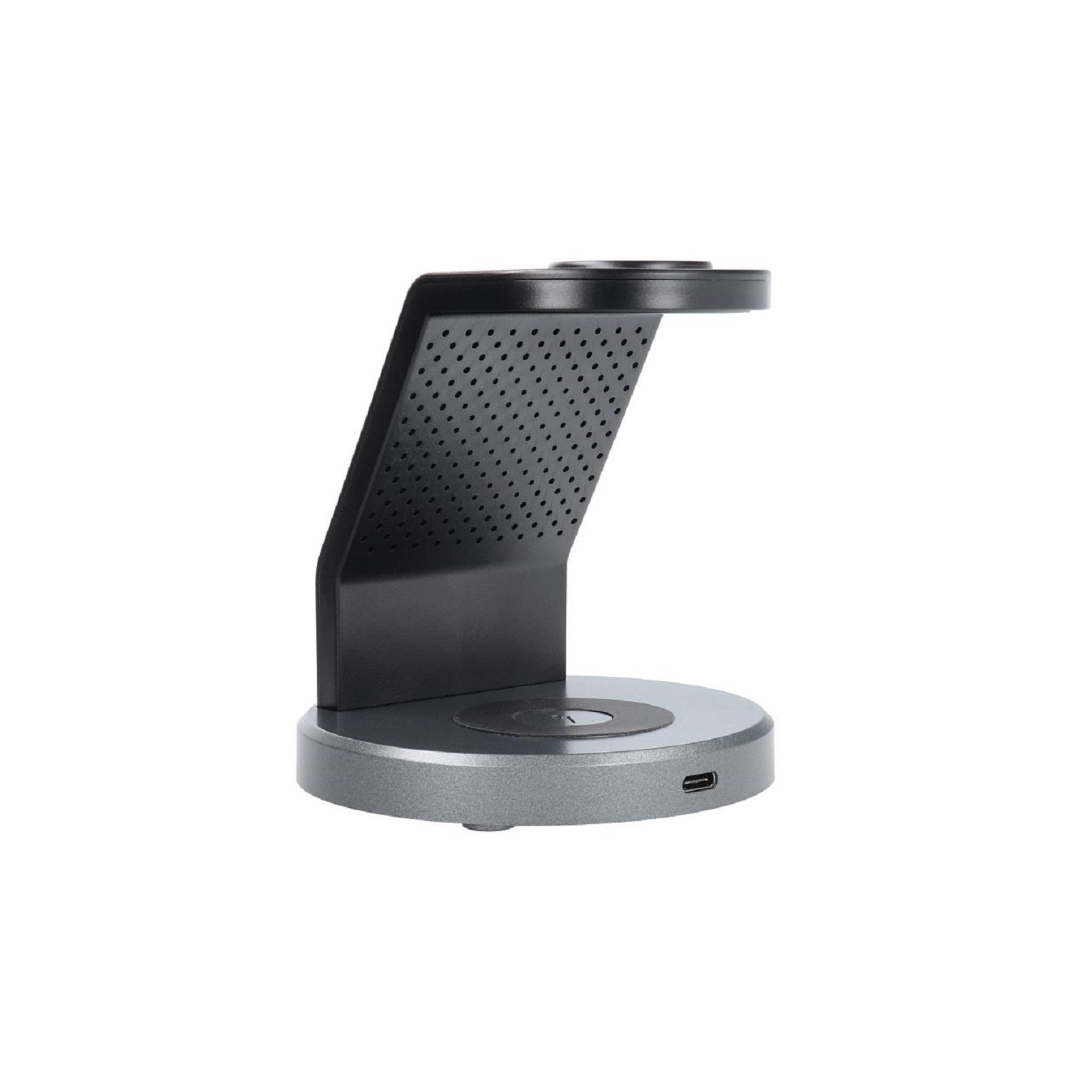 Graues und schwarzes Gerät, abgewinkeltes Design, mit USB-Anschluss, vermutlich eine Ladestation.