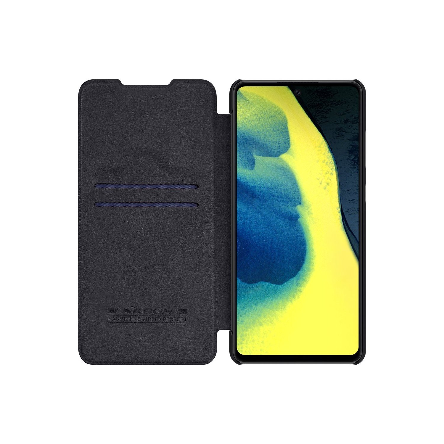 Eine schwarze Handyhülle ist geöffnet und zeigt ein schwarzes Telefon mit gelbem Bildschirm.