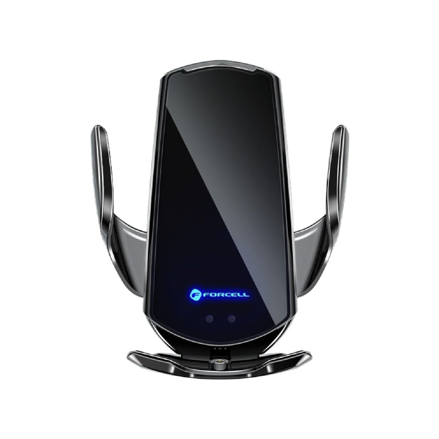 Ein schwarzer Telefonhalter wird gezeigt. Er hat ein blaues Licht und das Forcell-Logo.