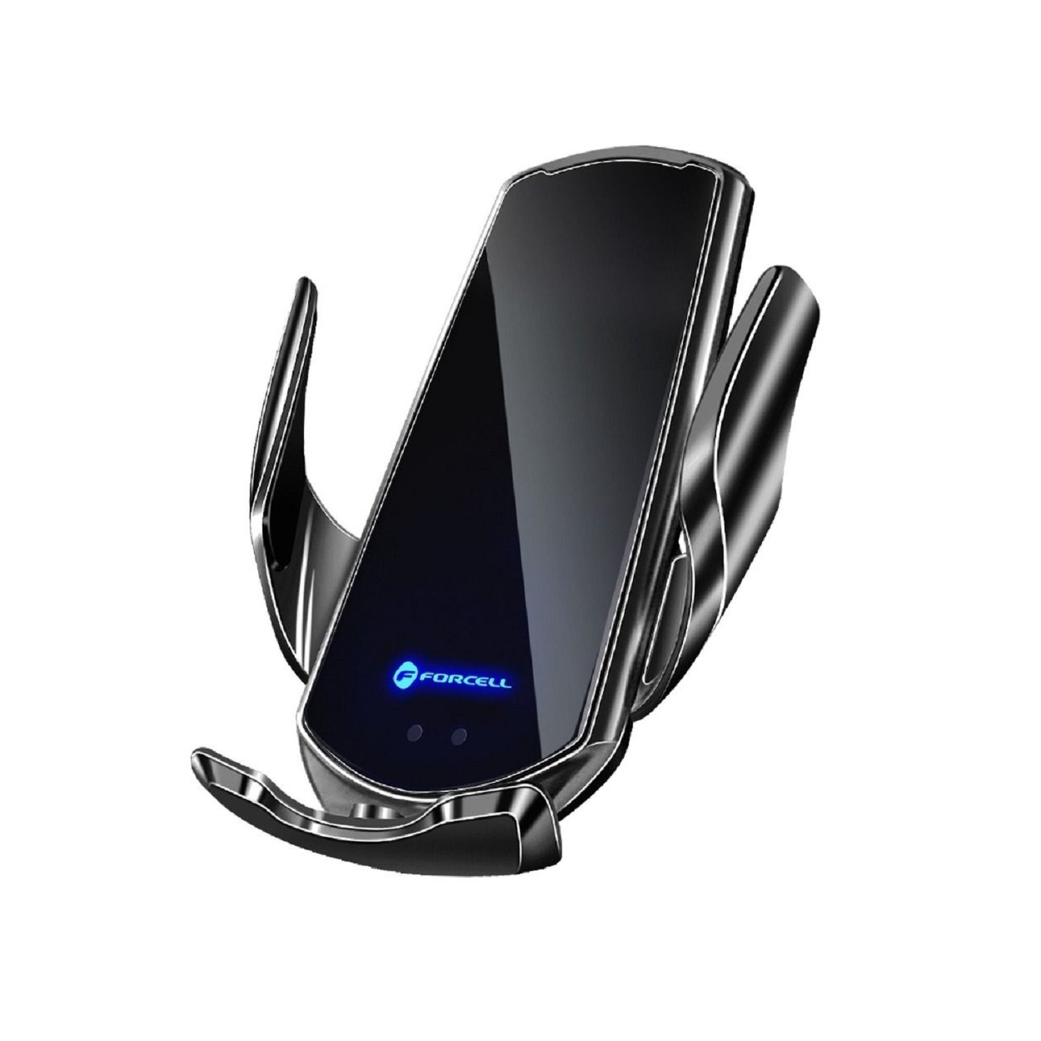 Eine schwarze Telefonhalterung mit blauem Licht, das von der Mitte leuchtet.