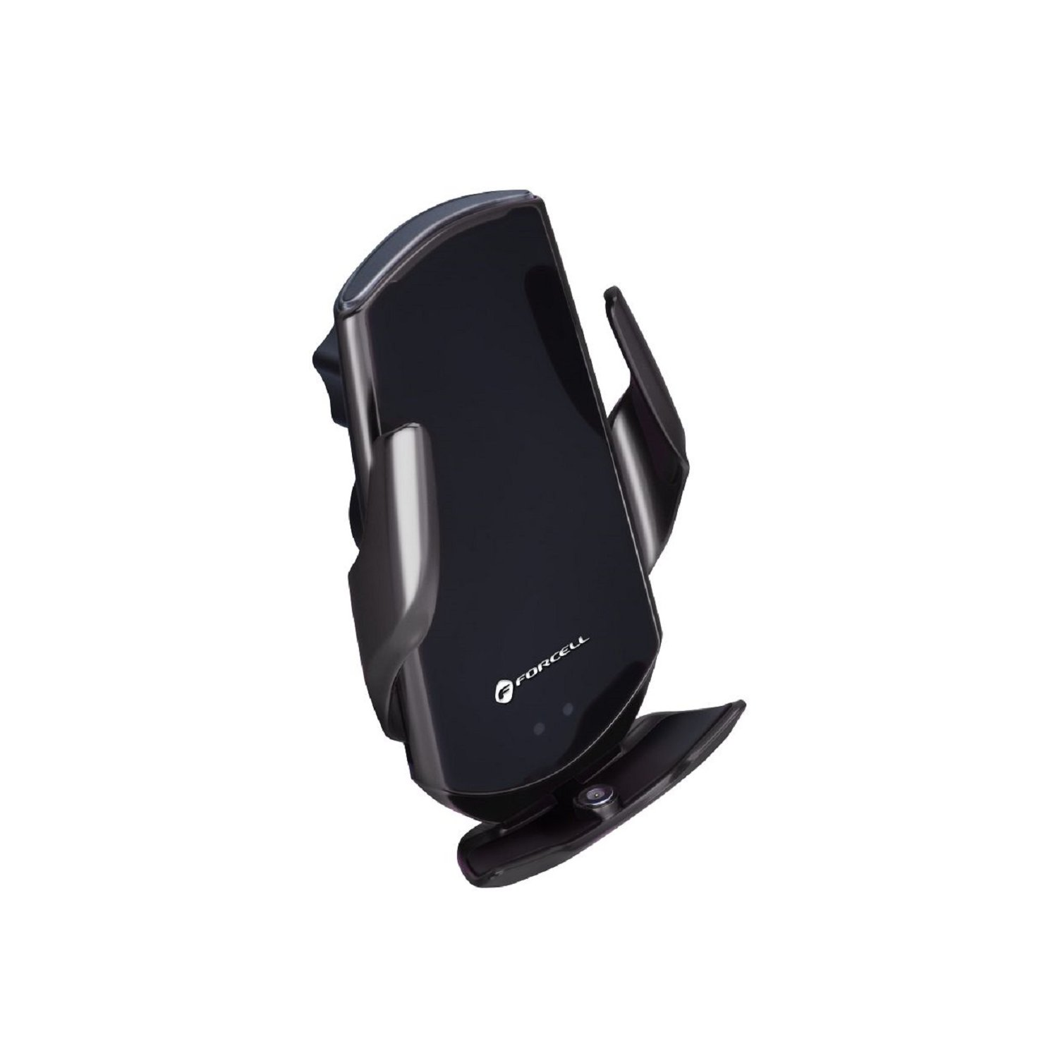 Schwarzer Autotelefonhalter. Er ist auf einer Oberfläche montiert und hat ein geschwungenes Design.