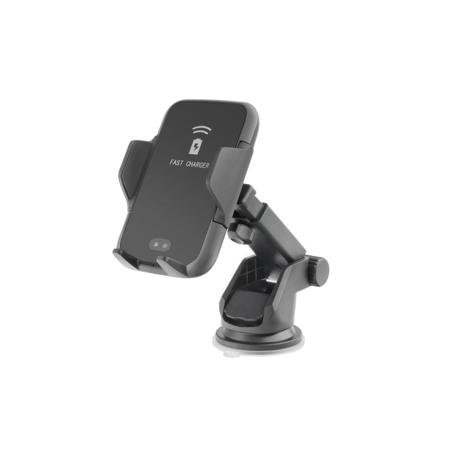 Schwarze Autotelefonhalterung mit Telefon und kabellosem Ladesymbol.