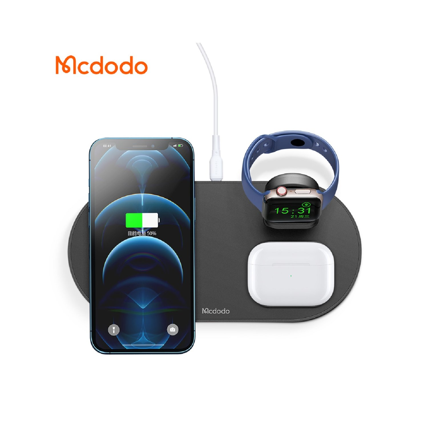 Mcdodo Ladestation mit Telefon, Uhr und AirPods, die auf einer schwarzen Oberfläche laden.