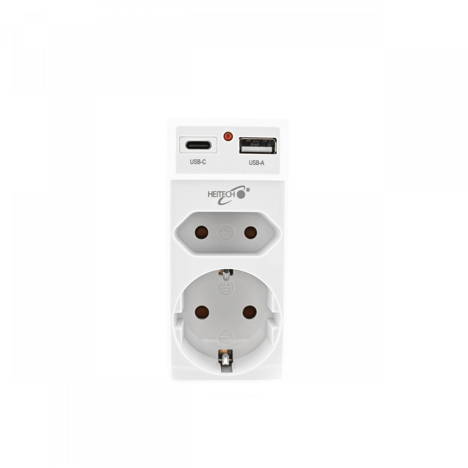 Weißer Adapter mit USB-C- und USB-A-Anschlüssen und zwei Steckdosen.