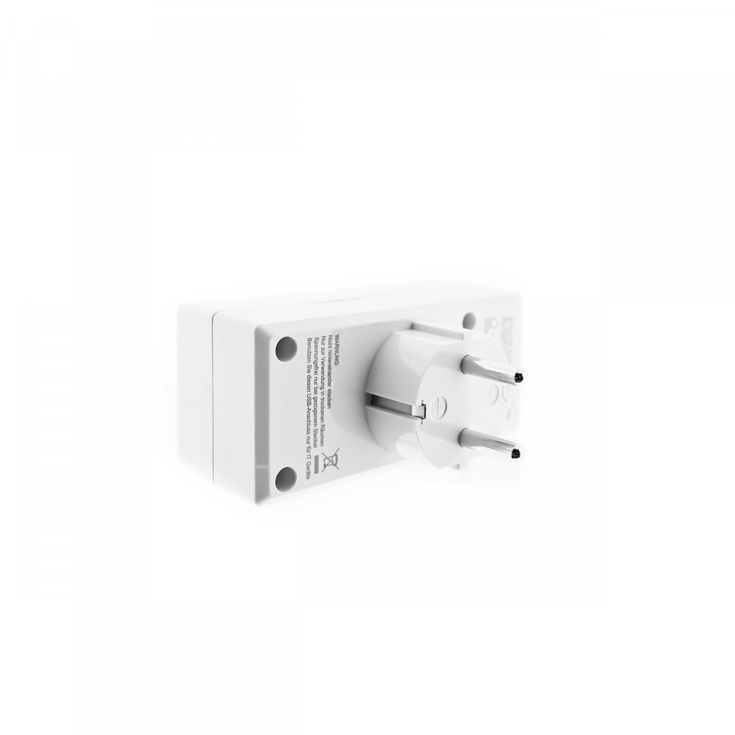 Weißer Netzadapter mit europäischem Stecker. Der Adapter ist vom Betrachter abgewandt.