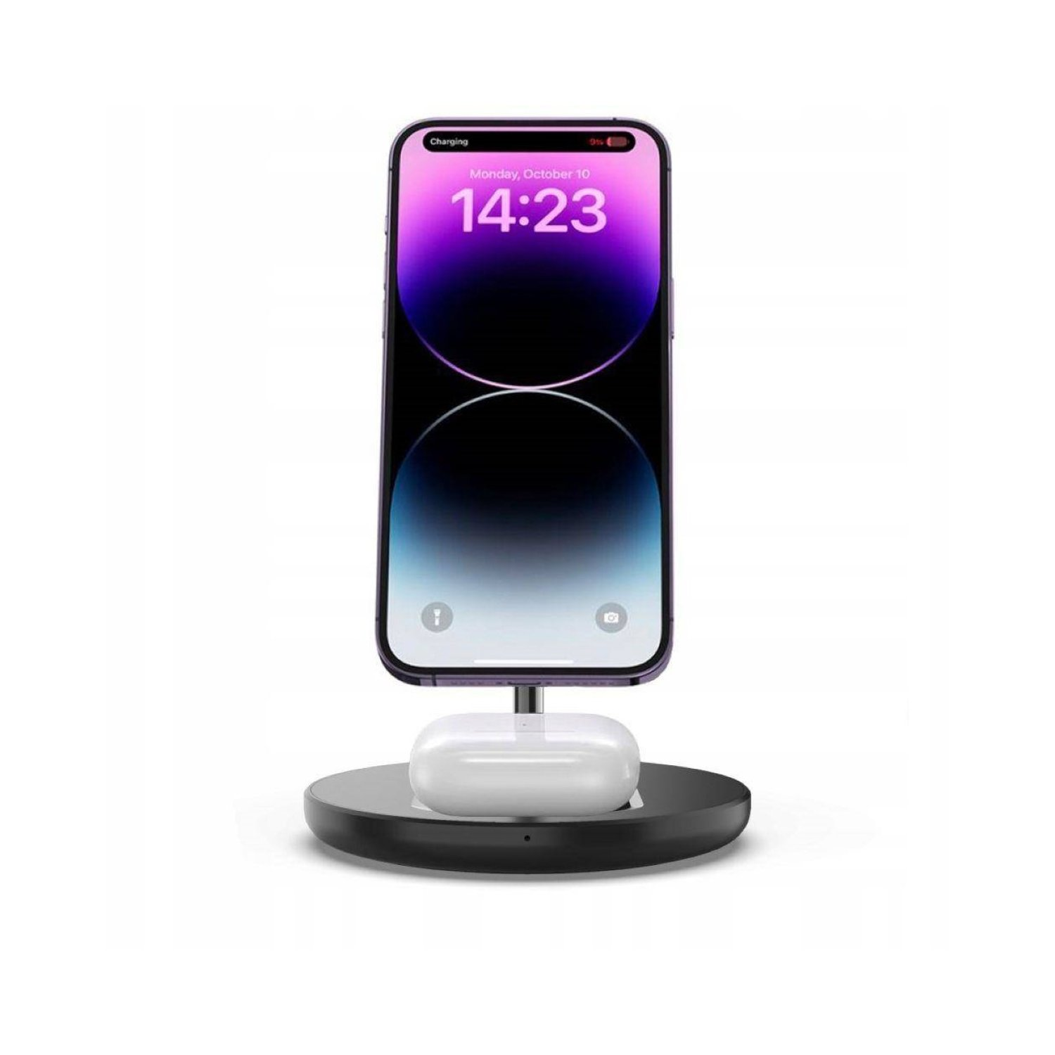 Ein Telefon auf einem Ladeständer mit einem Paar weißer Ohrhörer.