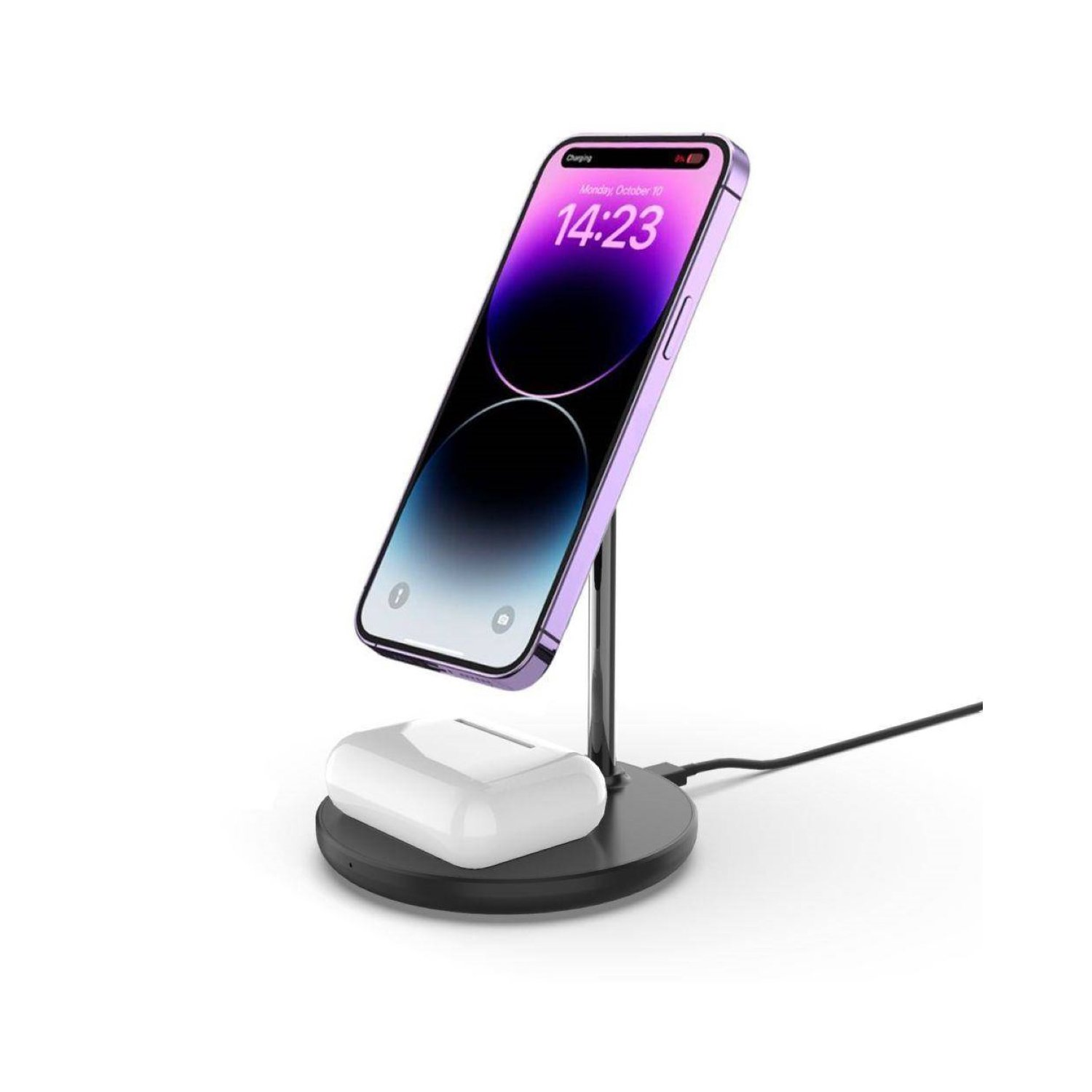 Telefon-Ladeständer mit Telefon und Ohrhörern. Das Telefon zeigt die Uhrzeit an. Alles auf weißem Hintergrund.