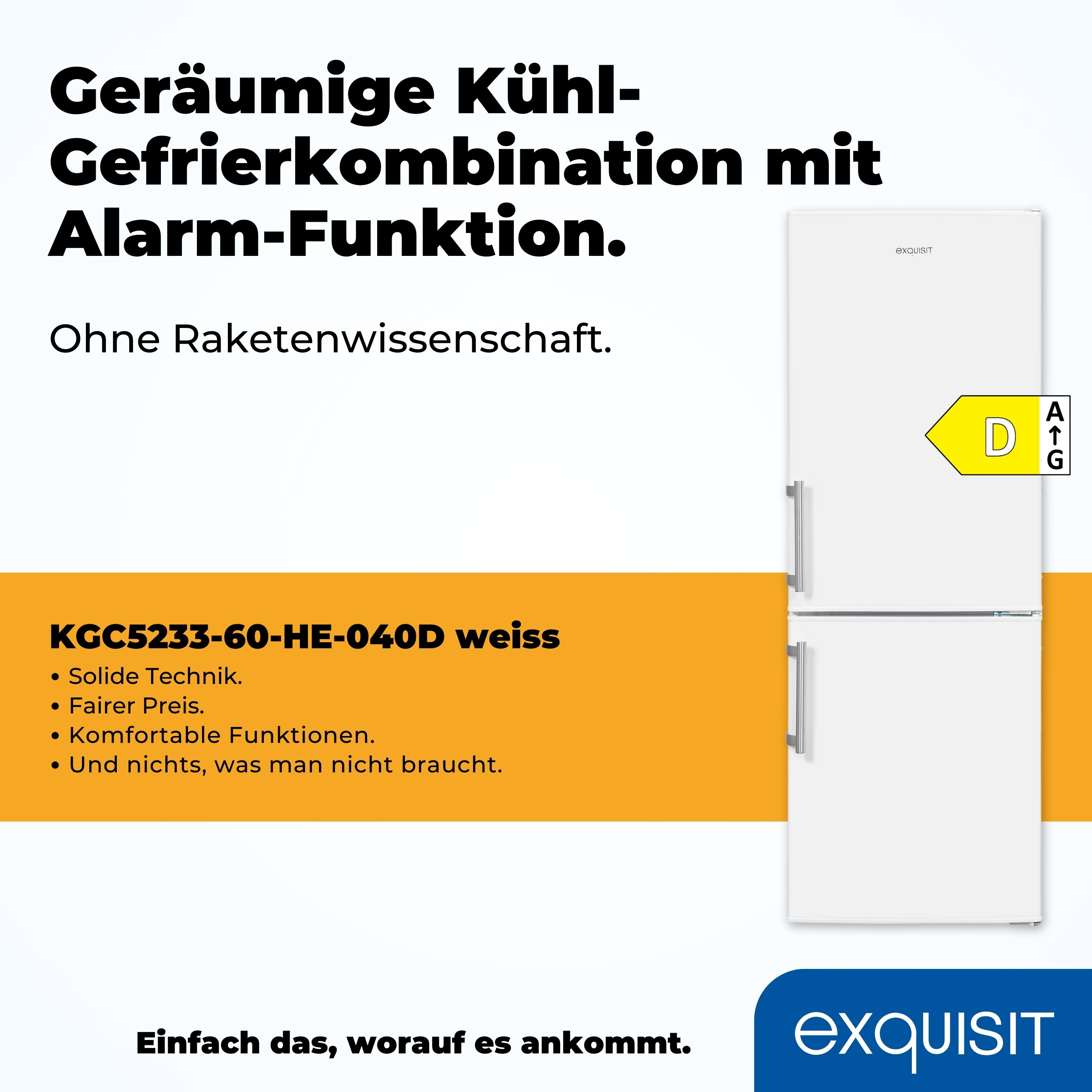 Weißer Kühlschrank mit Energieetikett D. Text auf Deutsch und Englisch.
