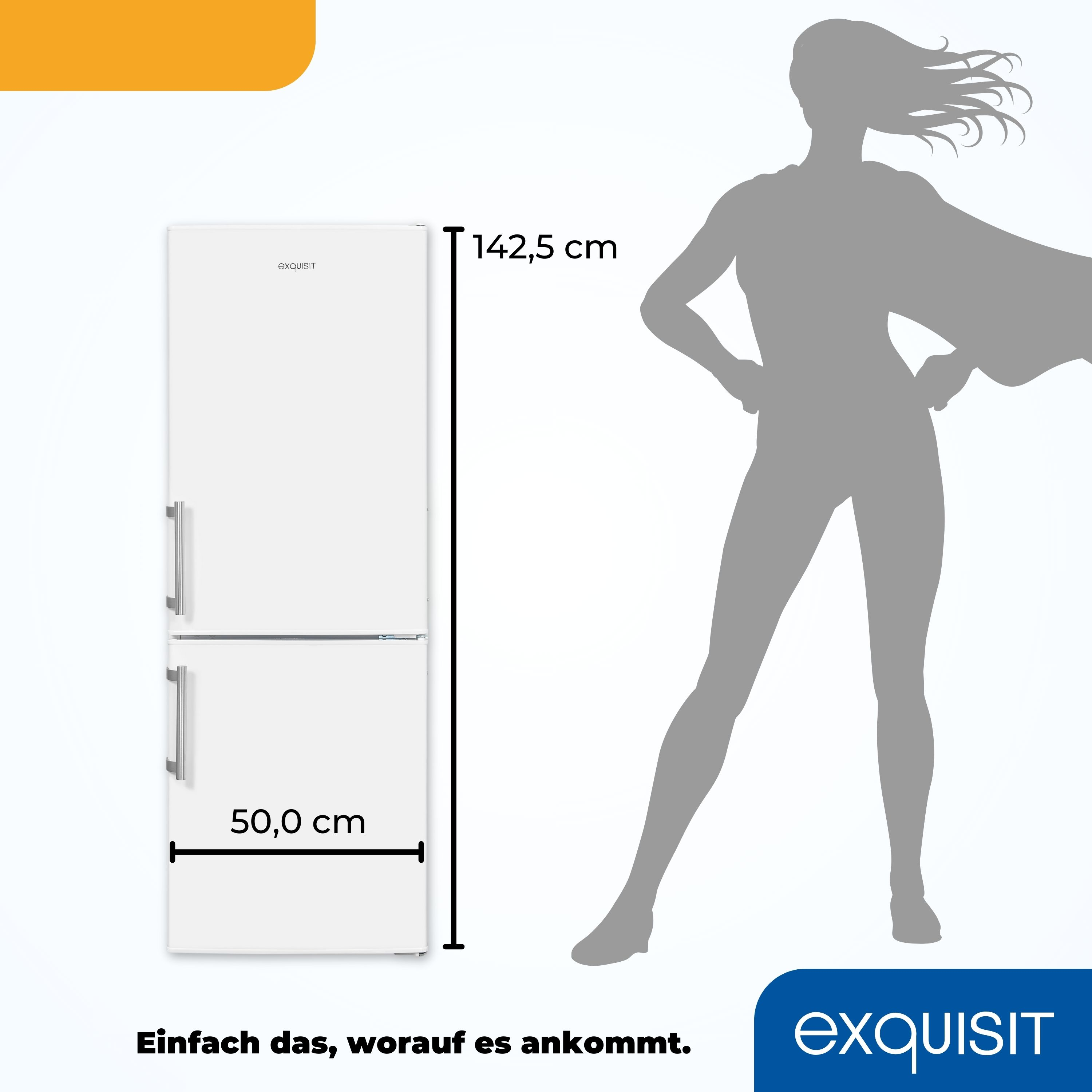 Weißer Kühlschrank mit zwei Türen und einer Frauensilhouette daneben.