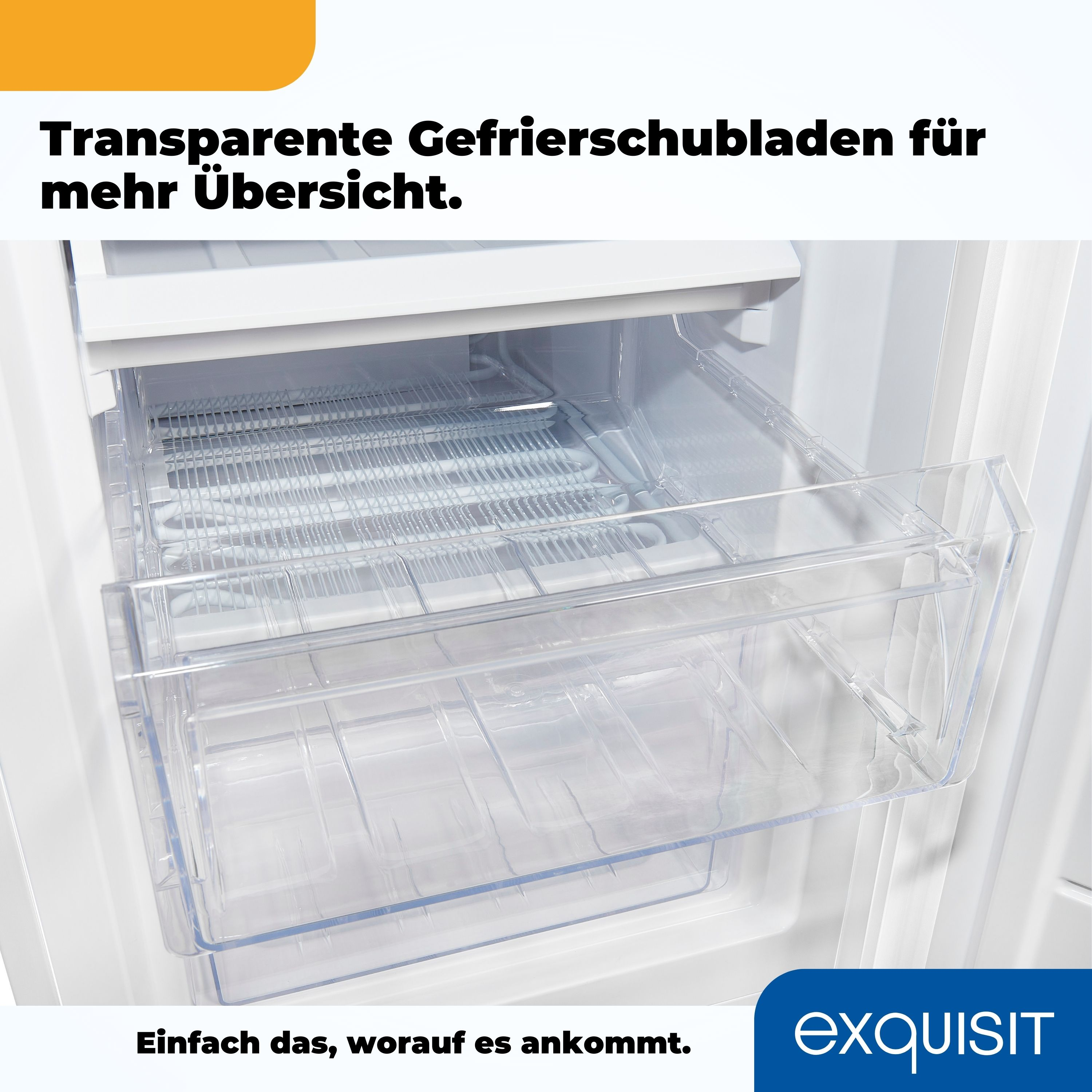 Kühlschrank-Innenraum mit transparenten Schubladen. Text auf Deutsch.