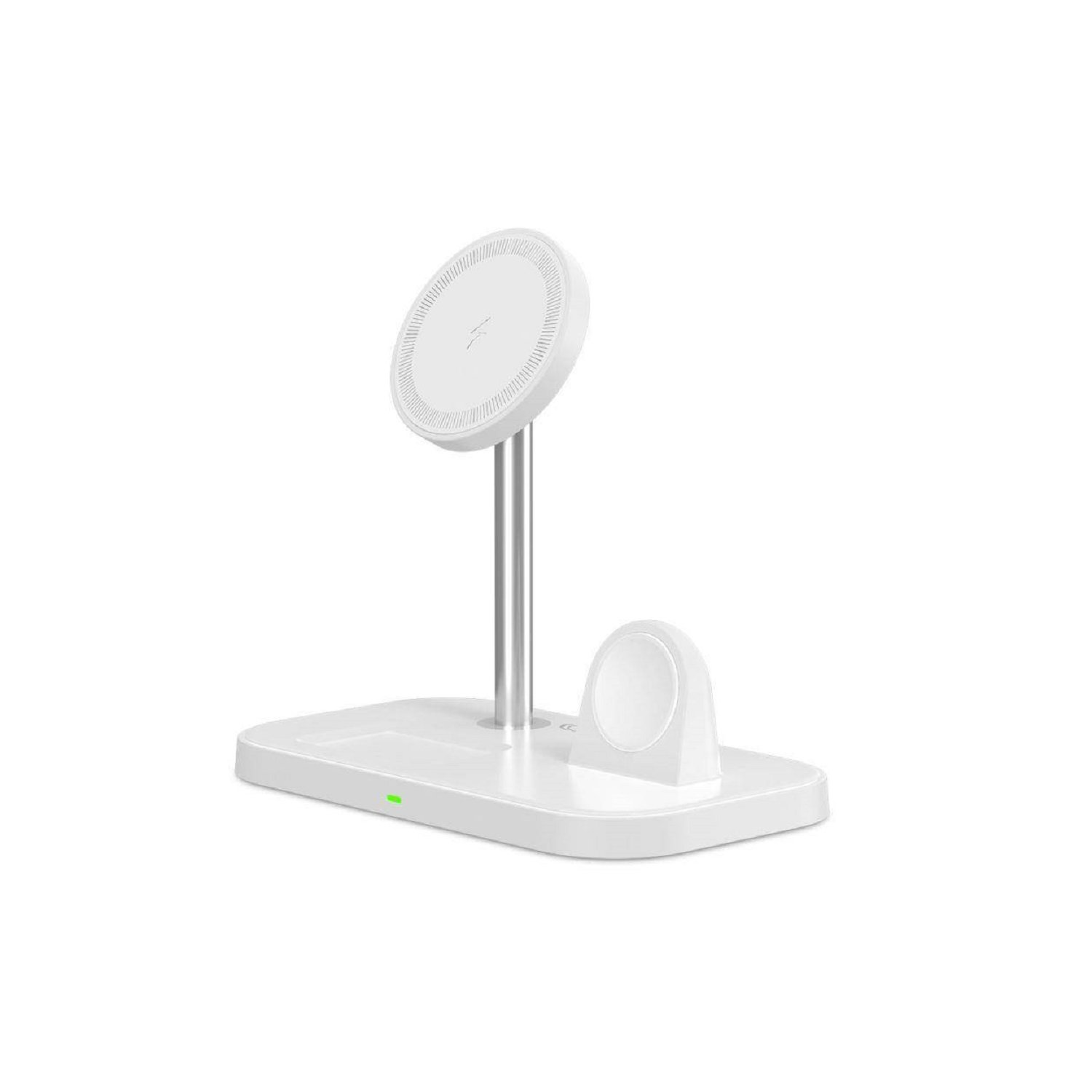 Cargador inalámbrico multi-dispositivo blanco. Tiene un soporte y almohadillas para dispositivos.