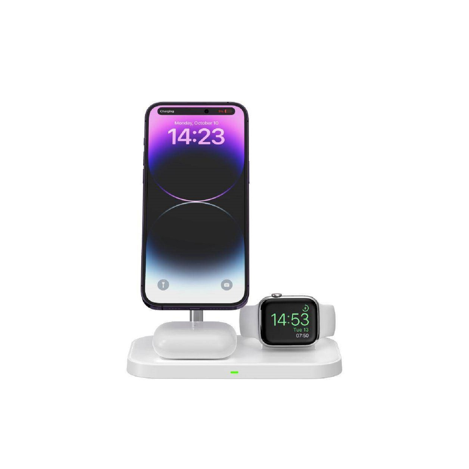 Un teléfono y un reloj inteligente en un soporte de carga blanco, mostrando la hora y el estado de carga.