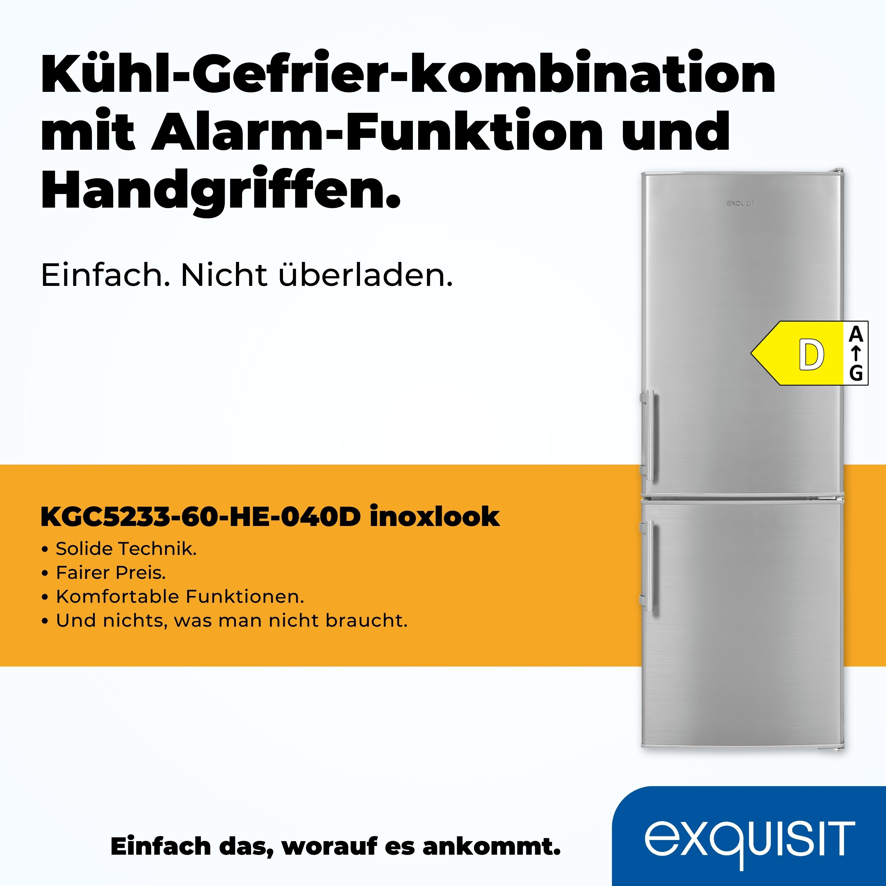 Ein silberner Kühlschrank mit oberem Gefrierfach und unterem Kühlschrank. Der Text ist auf Deutsch. Es gibt ein Etikett.