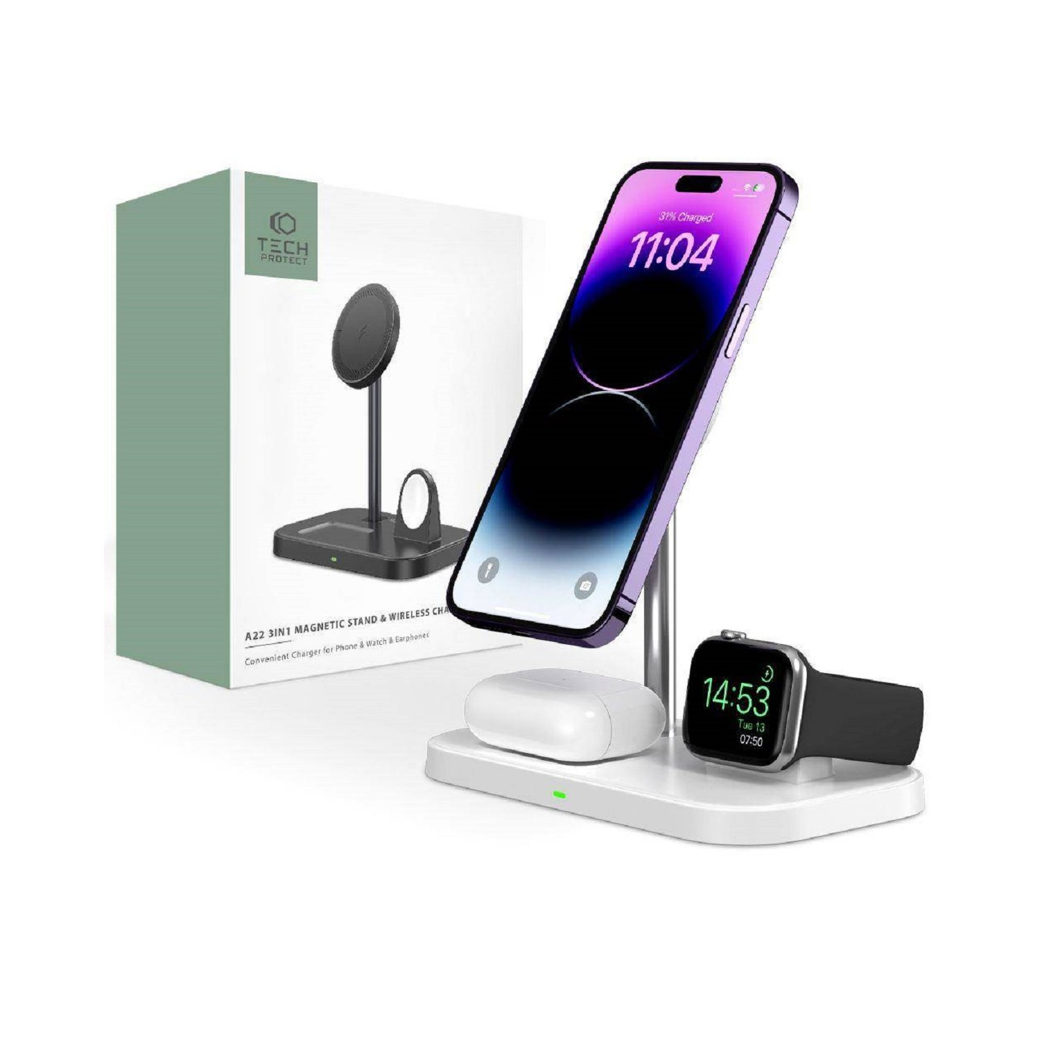 Una estación de carga con teléfono, reloj y auriculares. Una caja con un logotipo en el fondo.