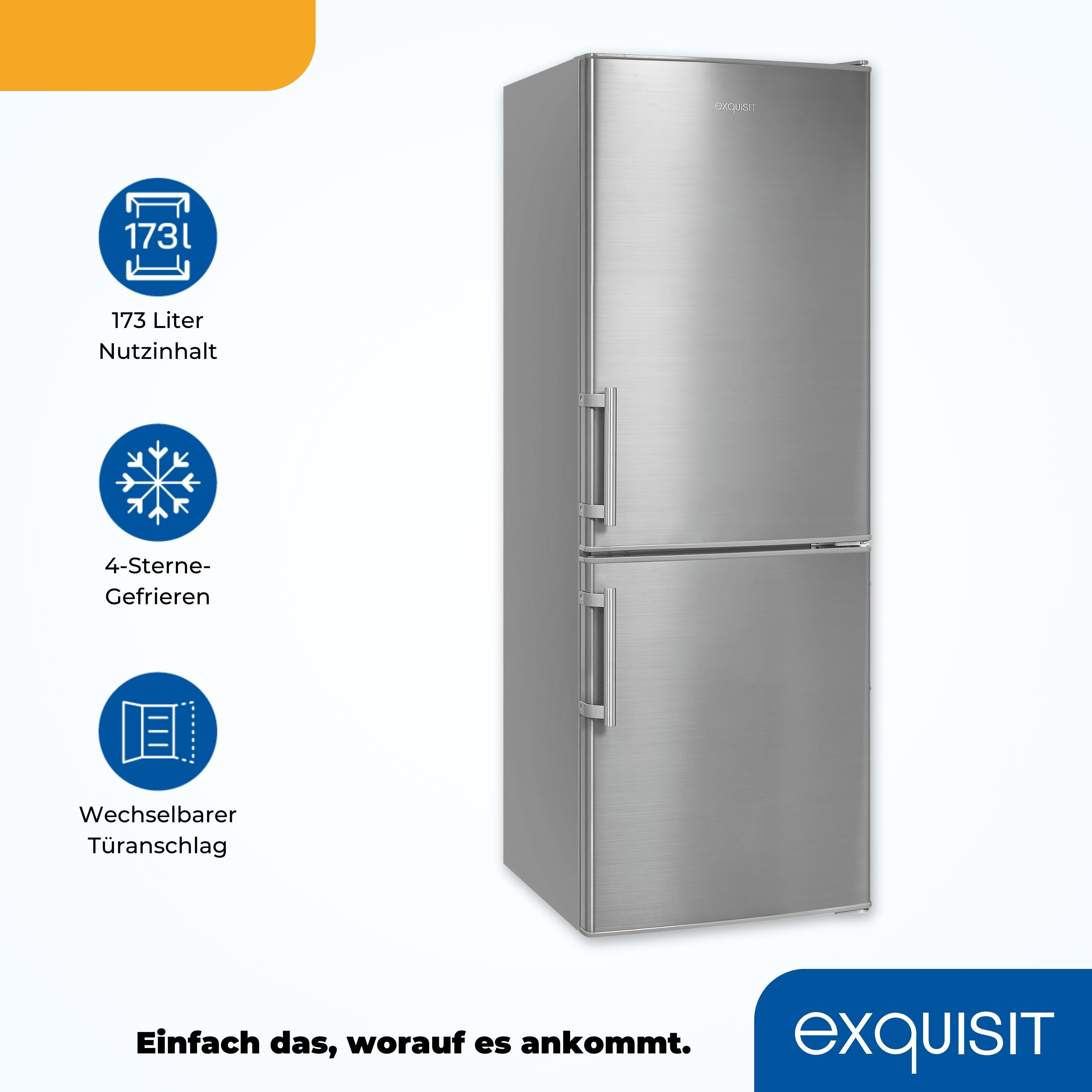 Silberner Kühlschrank mit Gefrierfach unten. Text und Symbole zu Kapazität und Funktionen werden angezeigt.