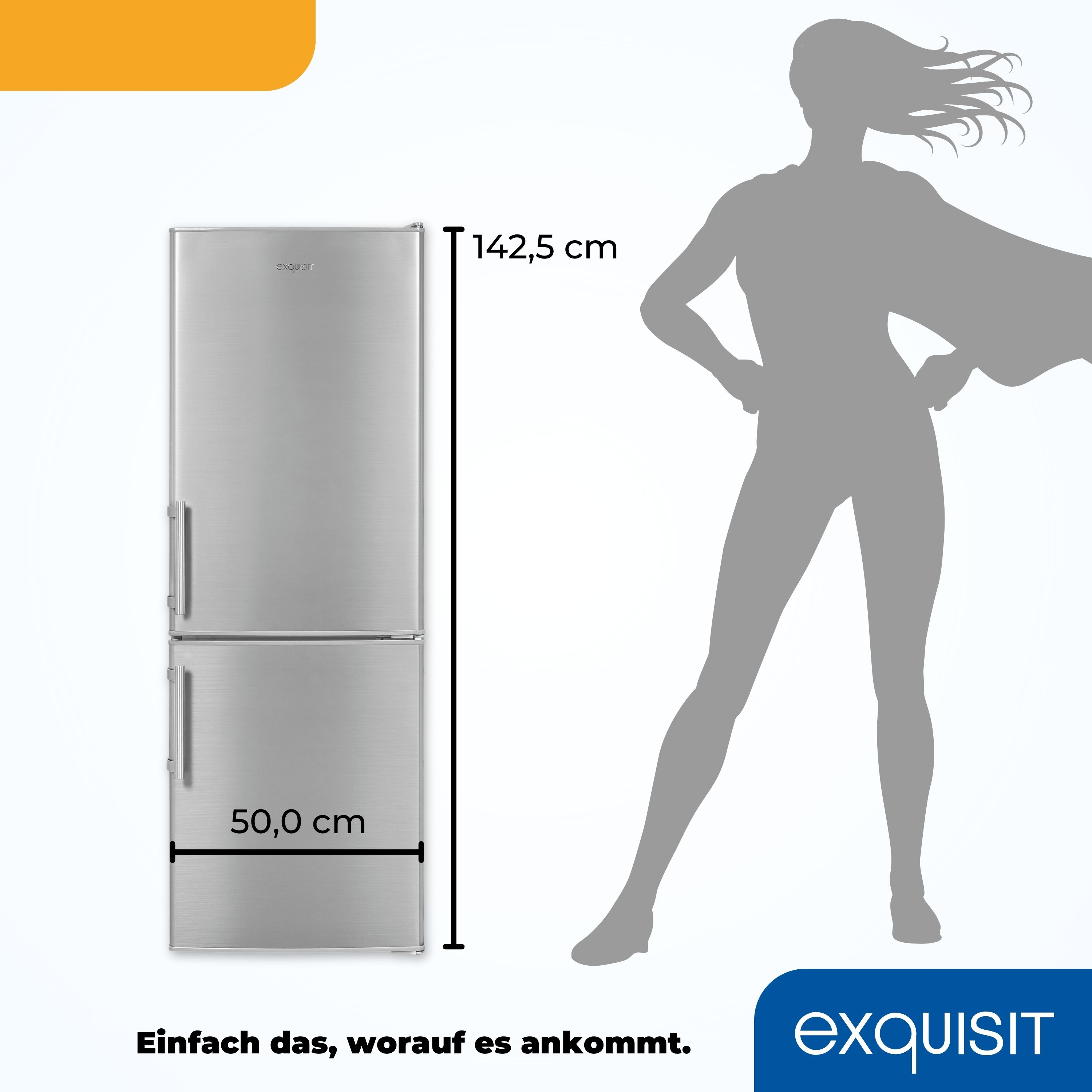 Weißer Kühlschrank mit Abmessungen und einer Silhouette einer Person. Der Kühlschrank ist hoch.